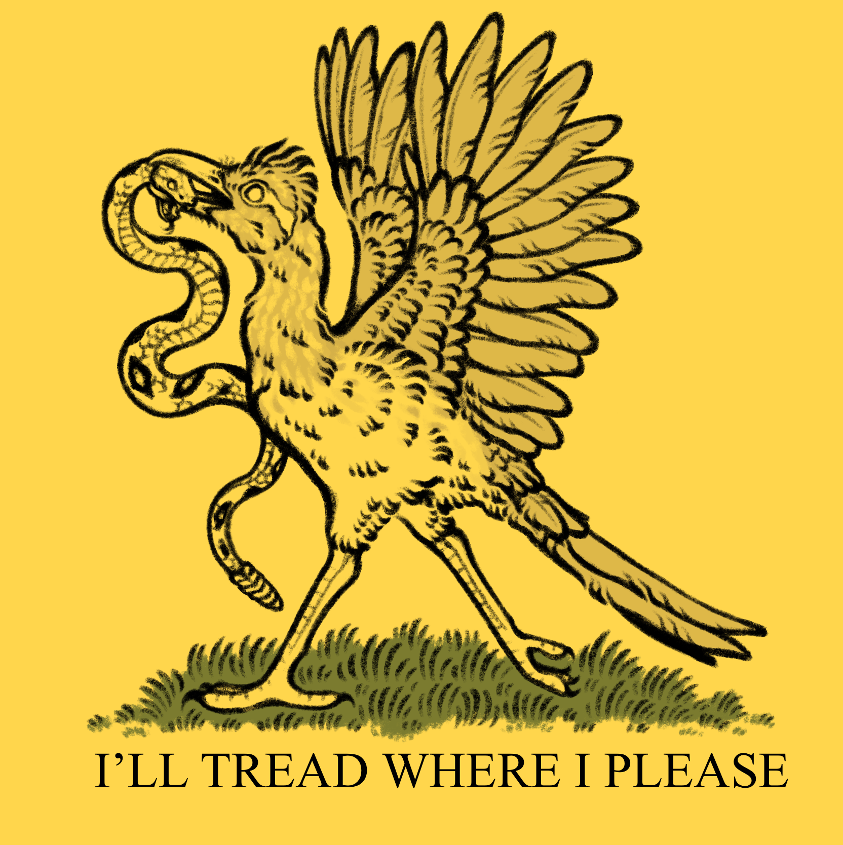 drawing of a greater roadrunner eating a rattlesnake; don't tread parody