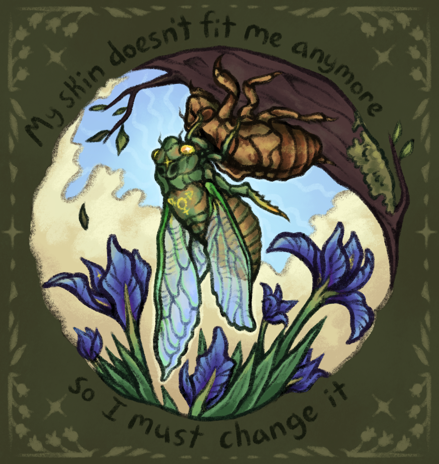 a cicada coming out of its old exoskeleton