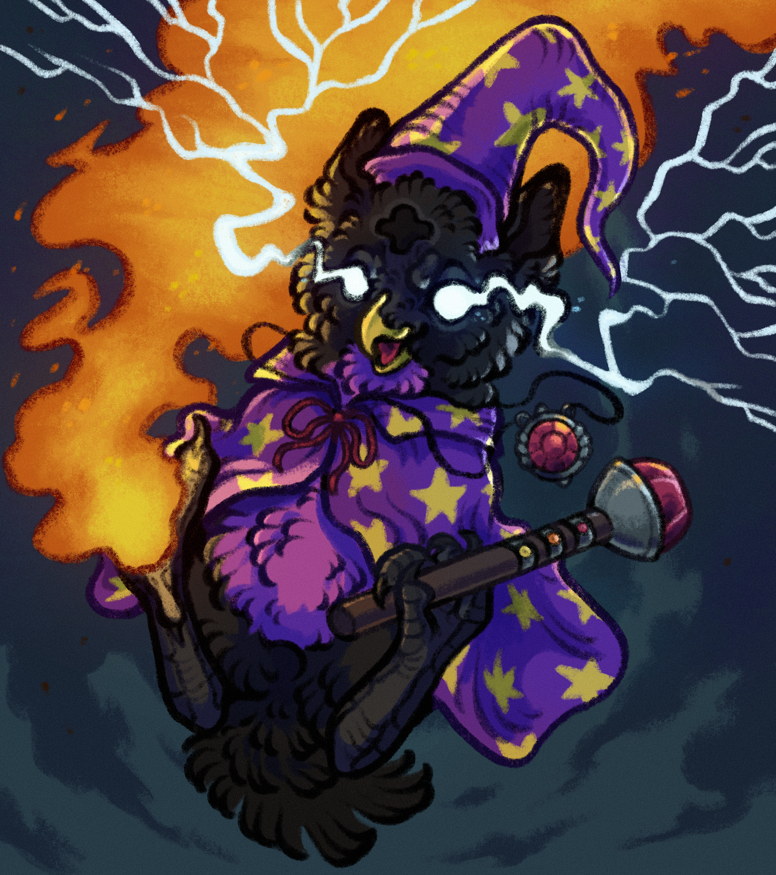a drawing of a wizard furby casting fireball