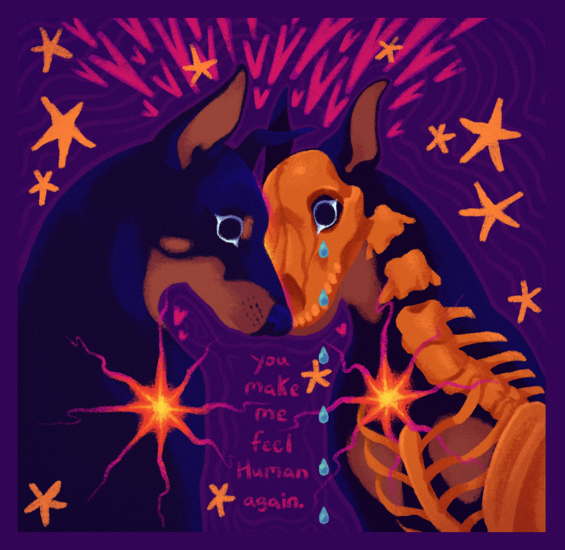 two doberman touching their heads together