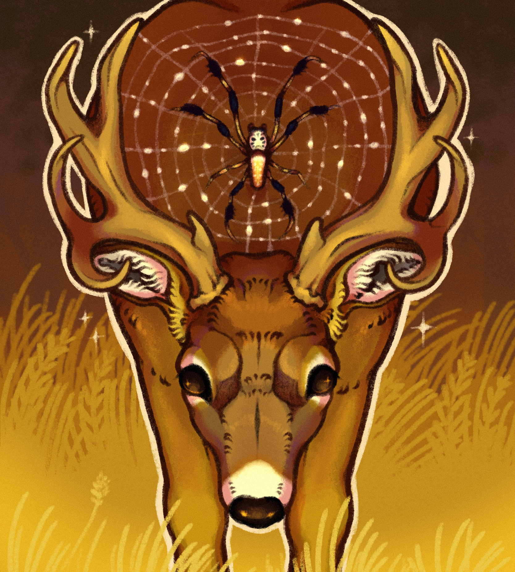a drawing of white-tailed buck with a golden orbweaver web on its antlers
