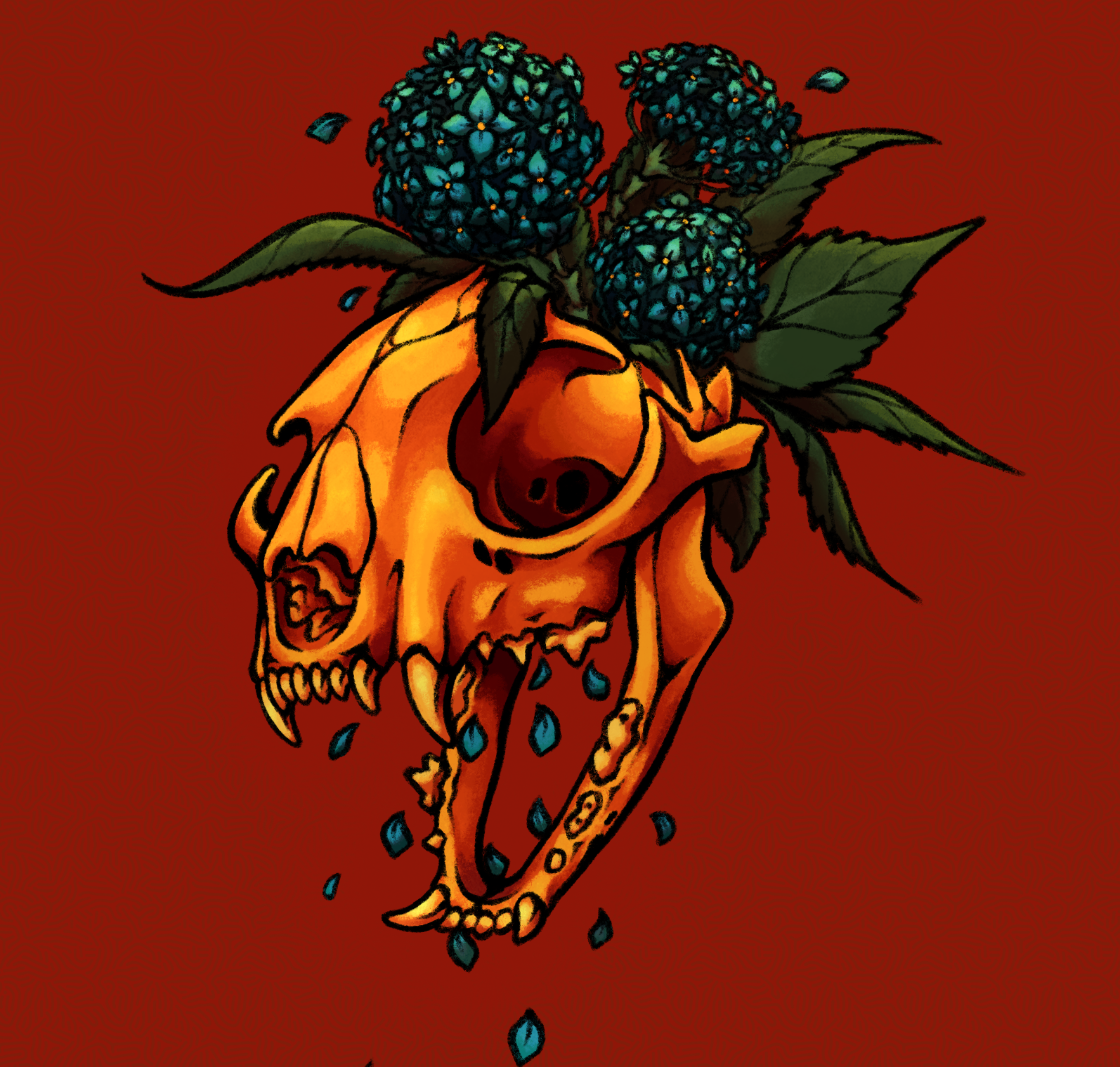 a drawing of a cat skull with blue hydrangea growing from it
