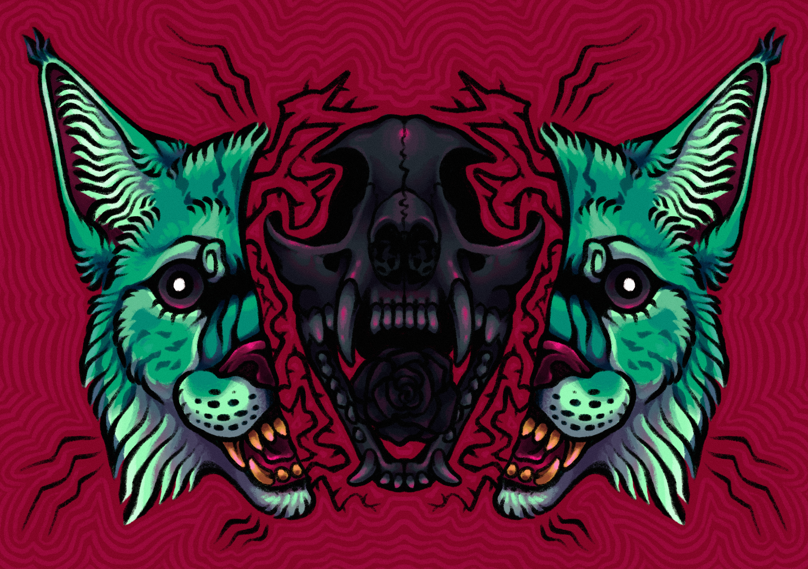 a drawing of a lynx with its head split and a skull with a rose in the center