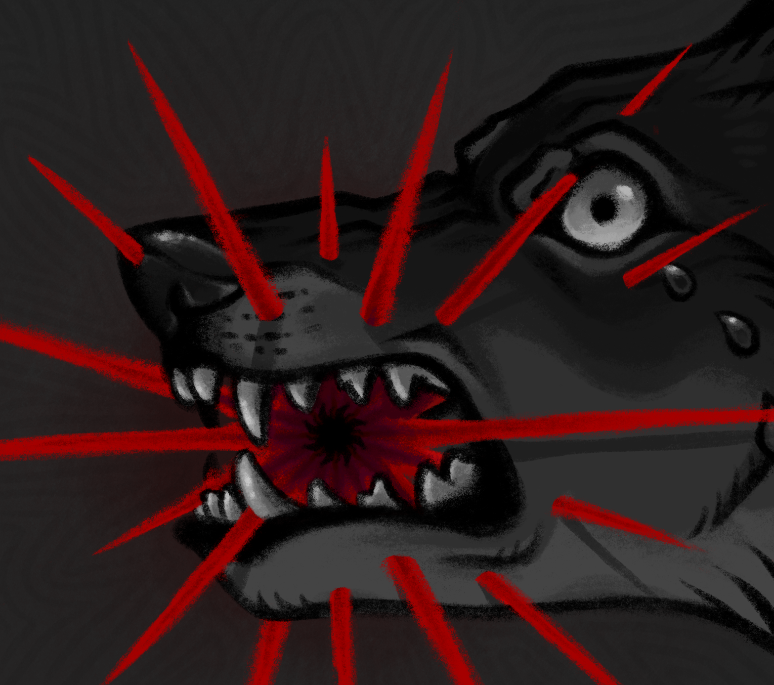 a drawing of a canine bitting down on a red spikey shape