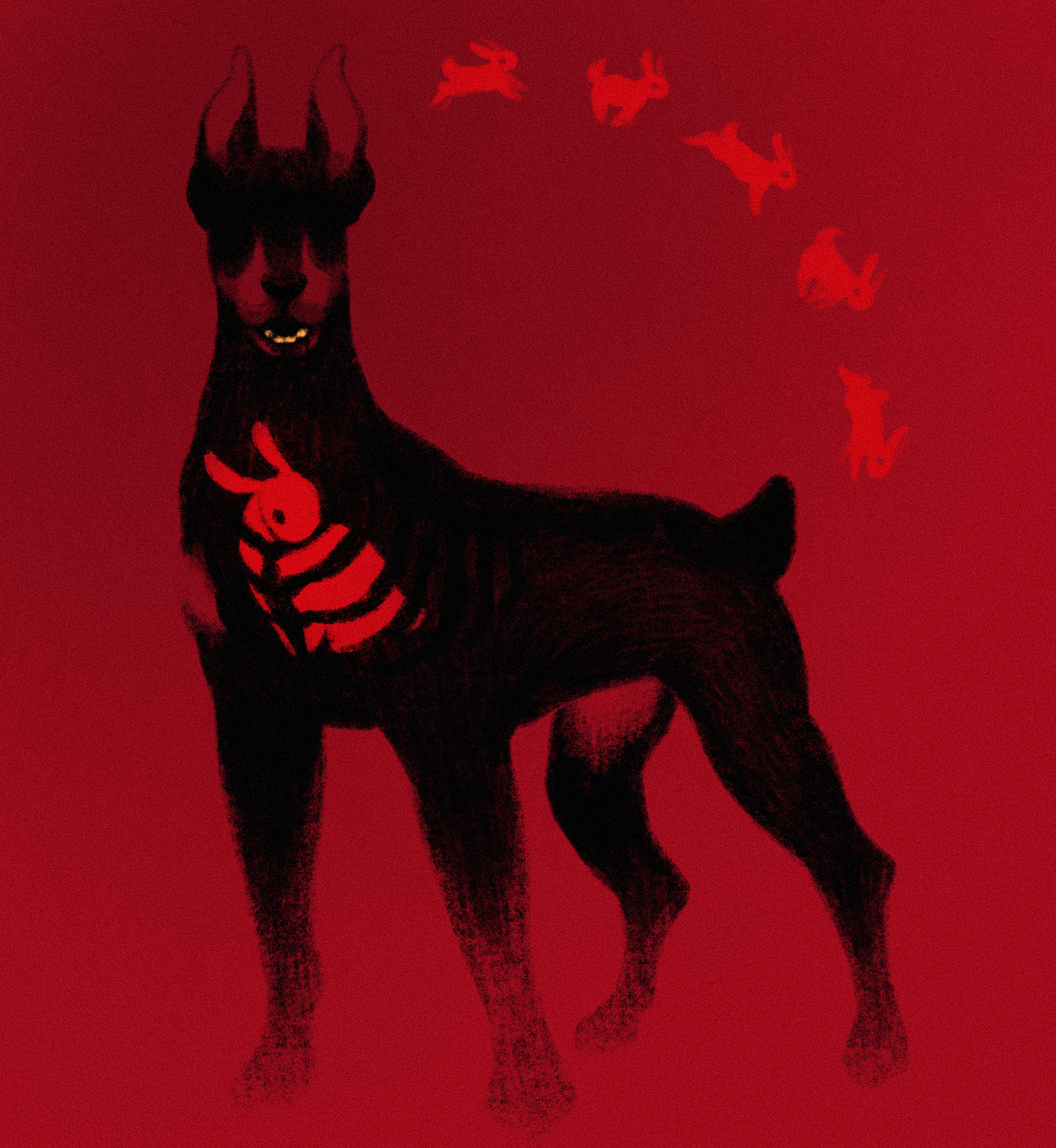 drawing of a doberman with a rabbit in its ribcage