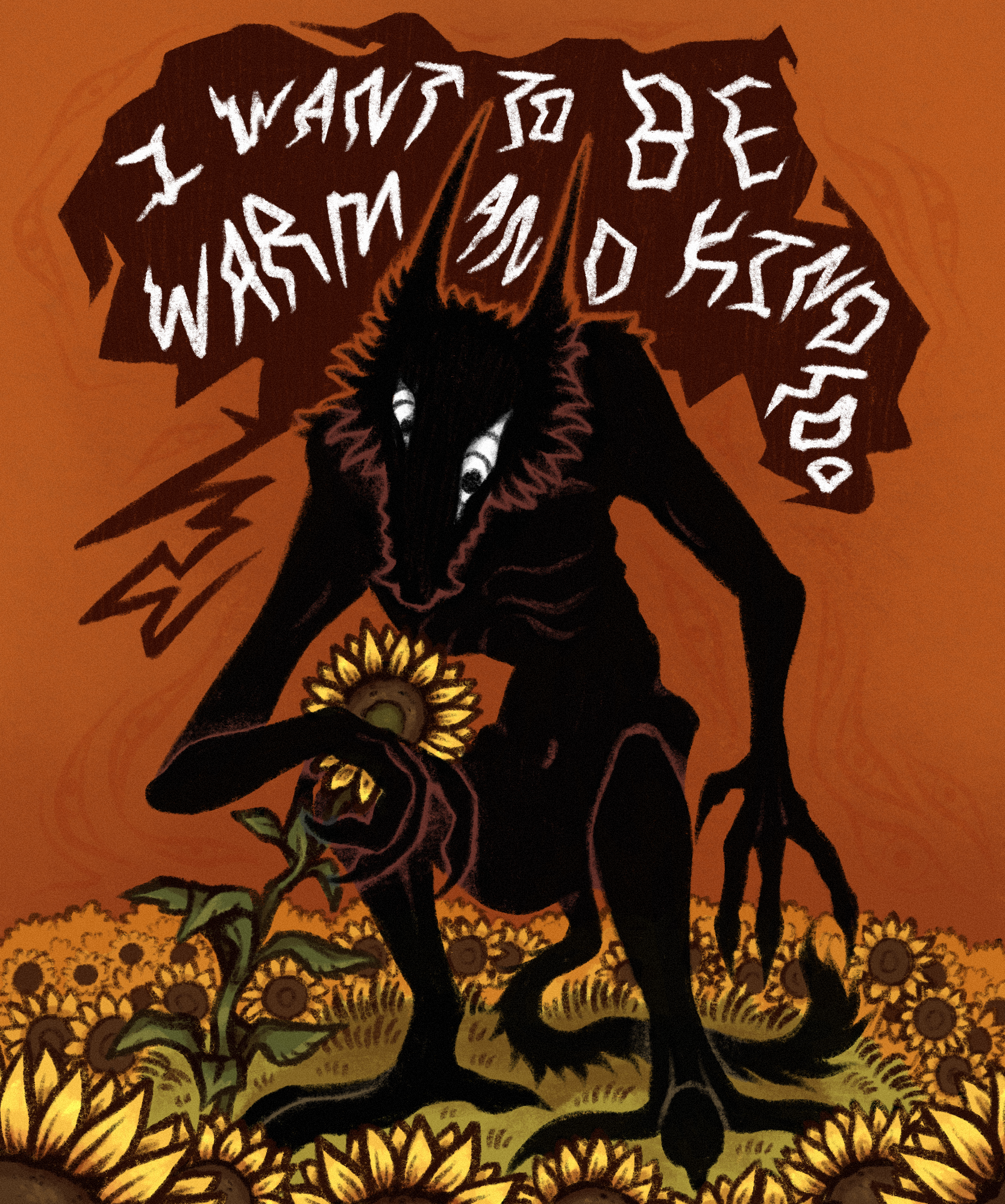 a distorted humanoid wolf in a sunflower field