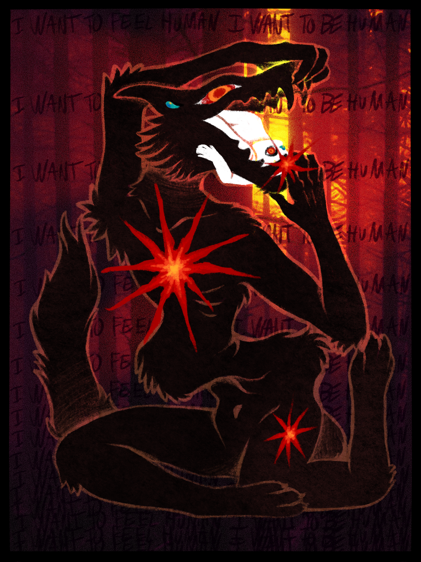 drawing of a distorted humanoid wolf with a person in its mouth; i want to be human