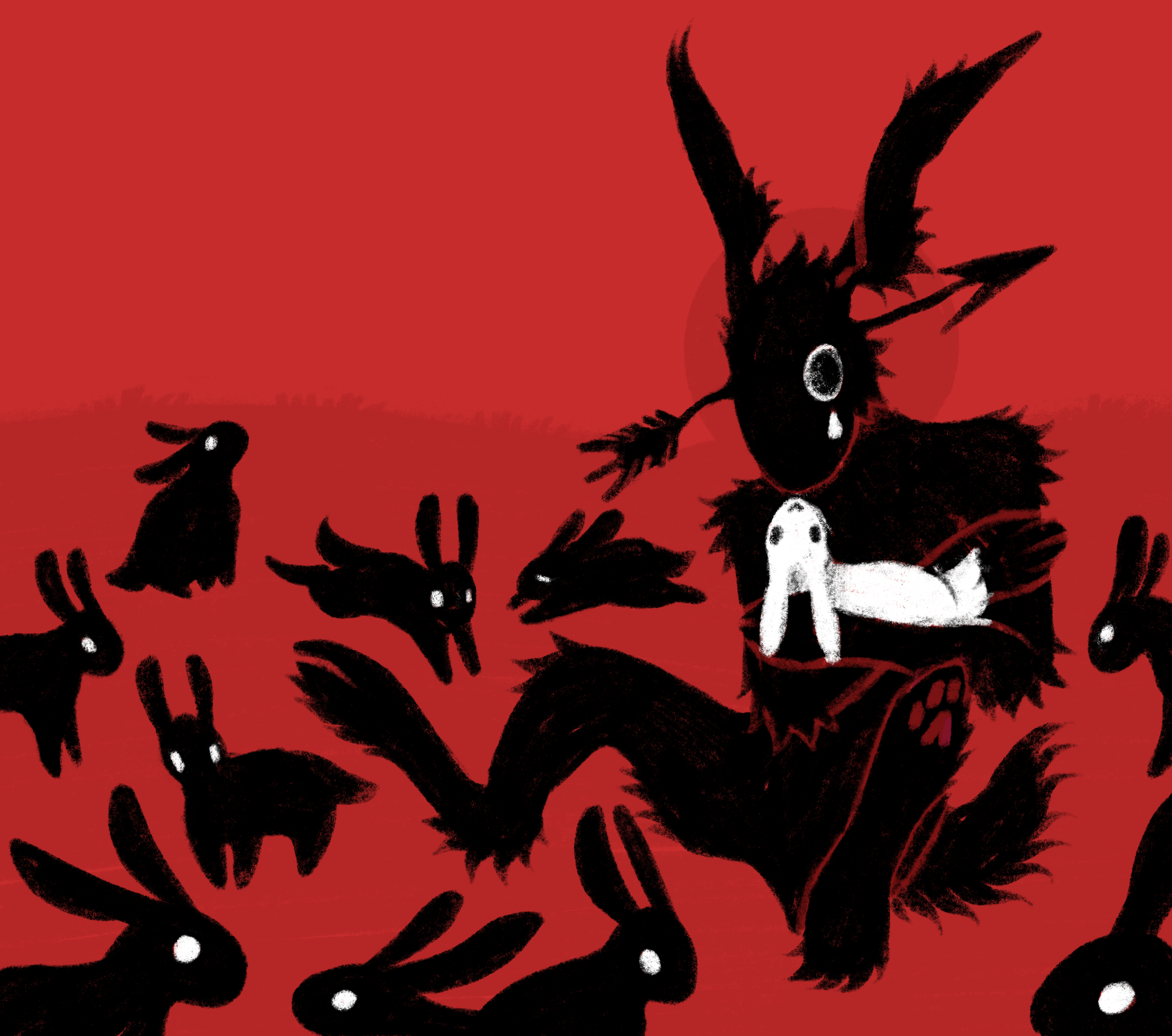 drawing of distorted humanoid rabbit with other rabbits