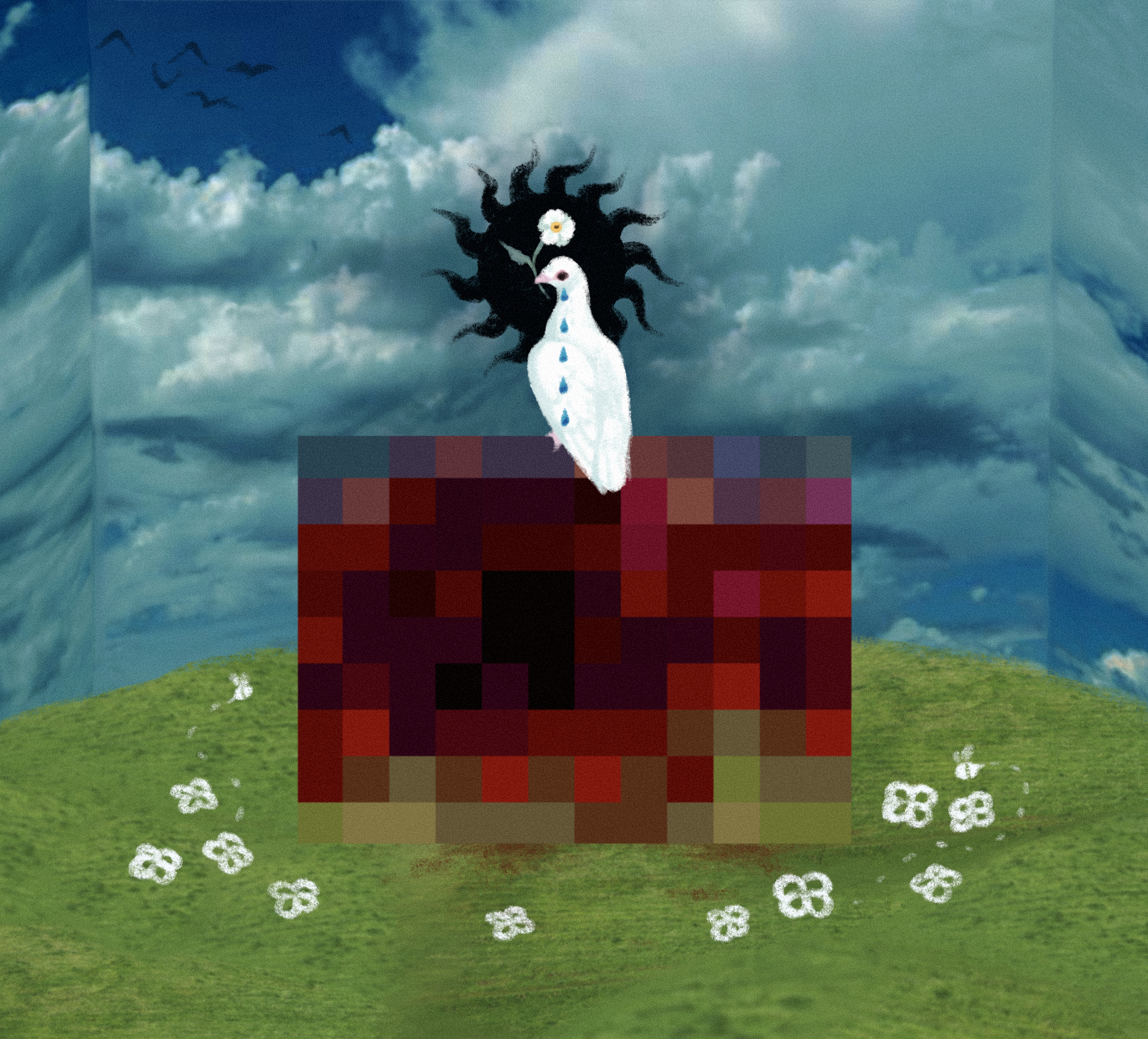a albino dove holding a white poppy over censor-pixeled gore