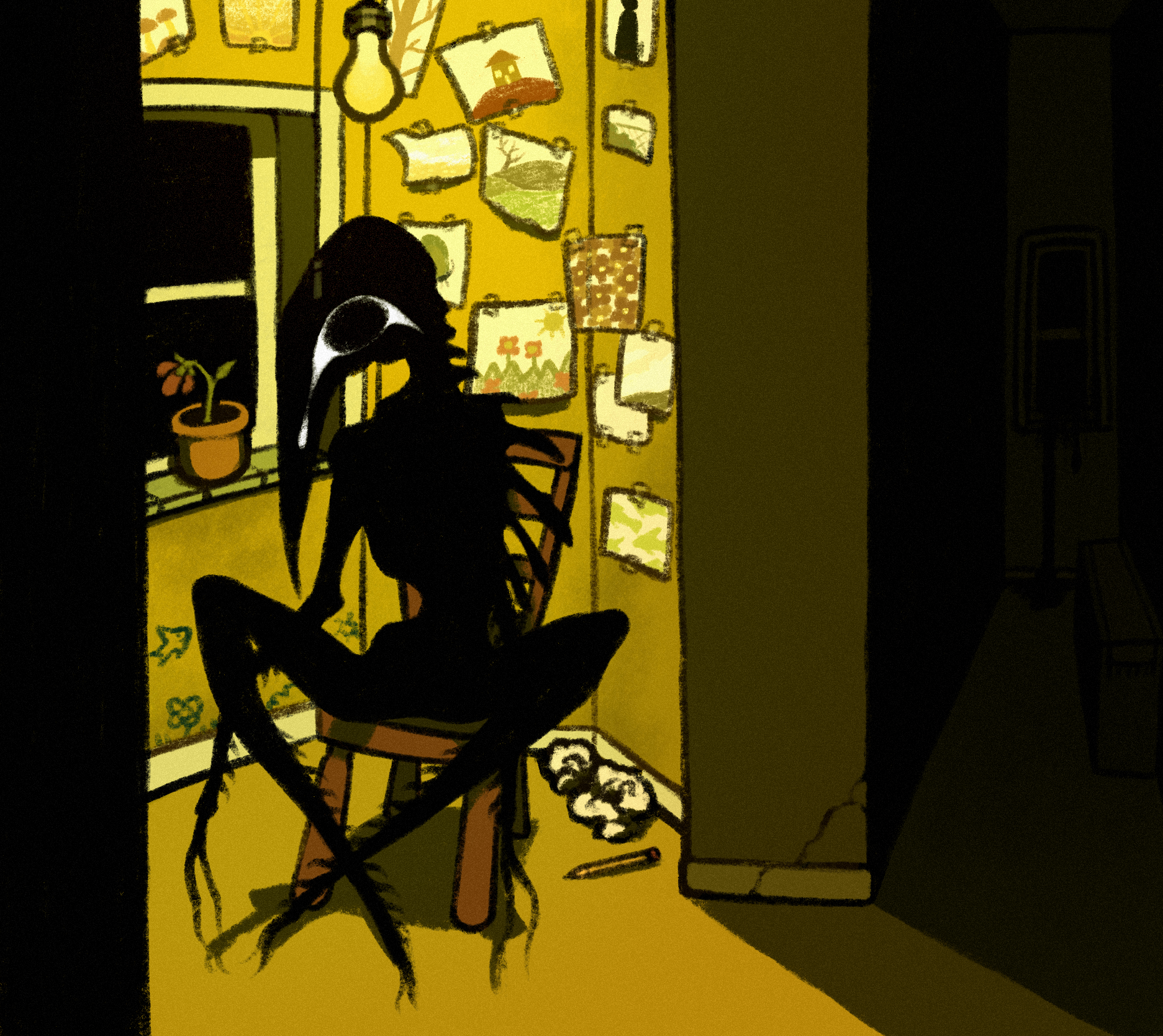drawing of a humaoid creature sitting in a yellow-lit room with drawings pinned along the walls and drawn on the walls