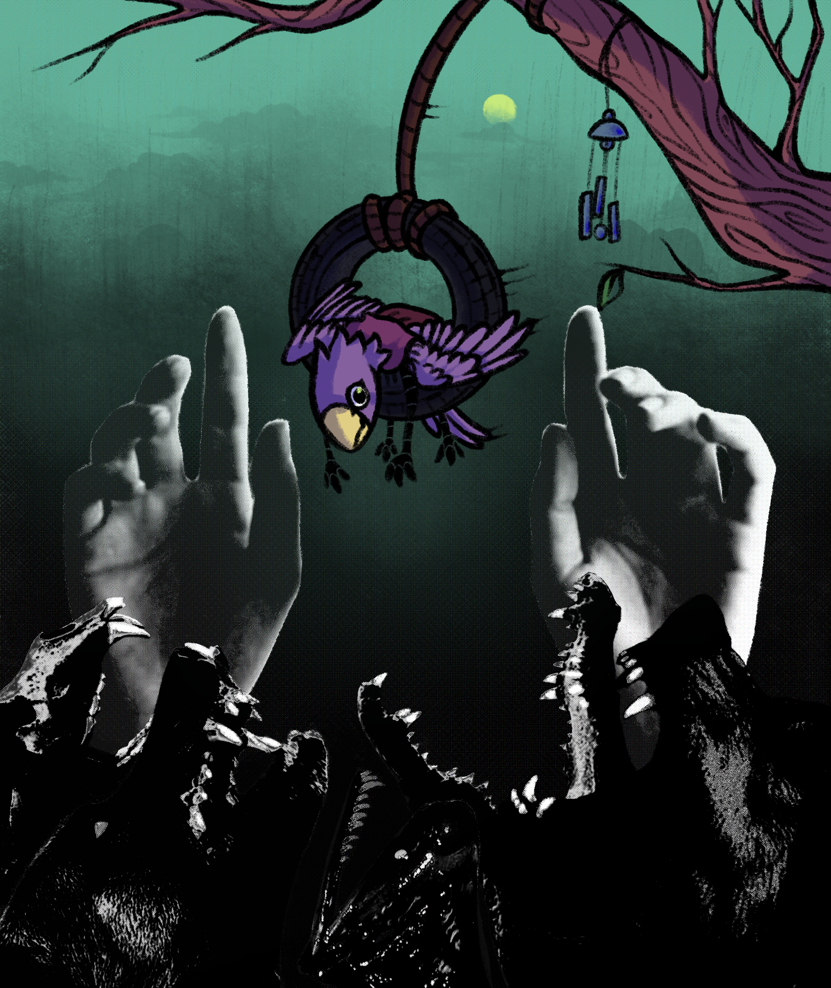 a bird creature swinging on a tireswing over a photobash pit of jaws and hands