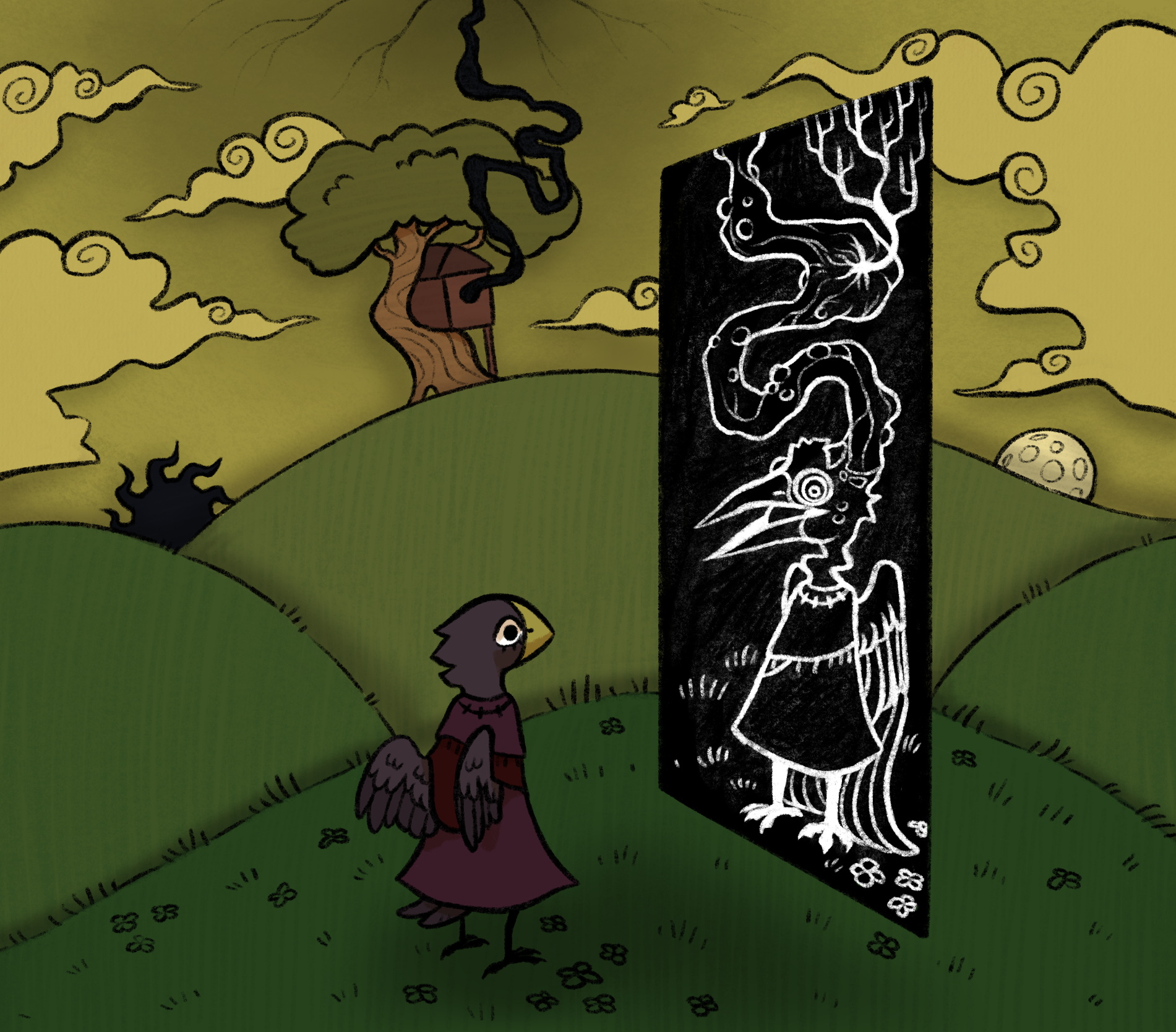 a bird creature looking into a mirror