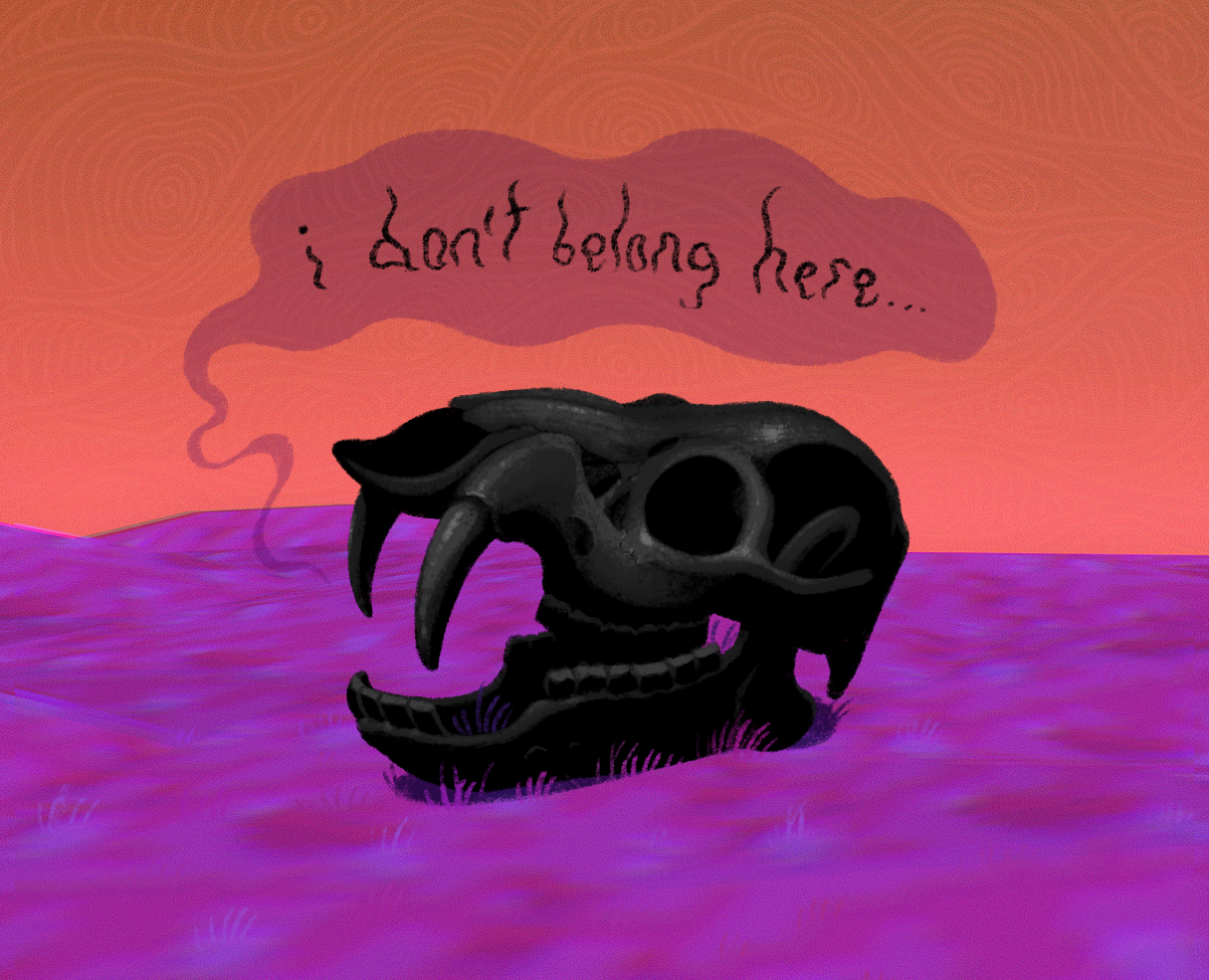drawing of a grayscale water deer skull over a bright 3D background
