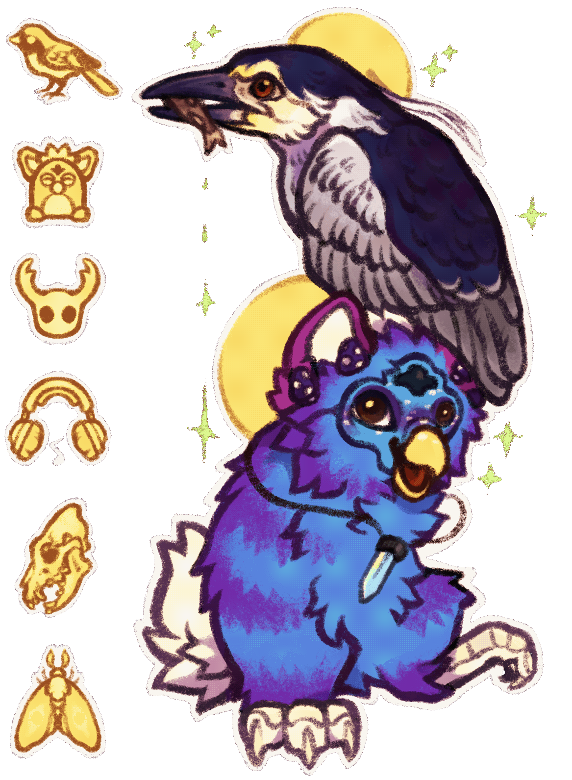 Drawing of a Furby, and black-crowned night heron, and little symbols representing my interests.