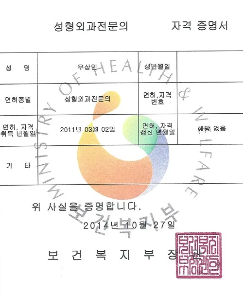 하이유 외과성형외과 우상민 원장 성형외과 전문의 자격증