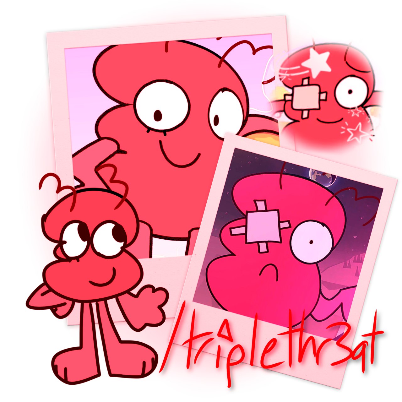 three bfdi graphic reading "/triplethr3at". made by me, unofficial art and edits by me as well