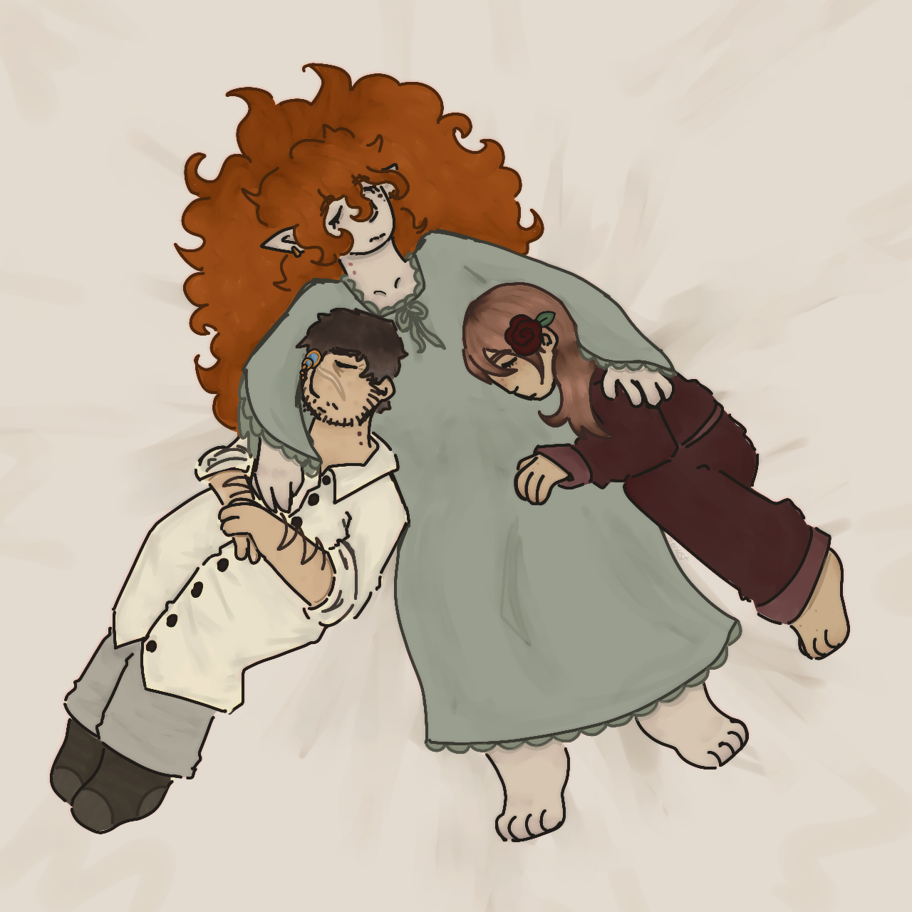 Legundo, Cleo and Pearl lying on top of each other, sleeping
