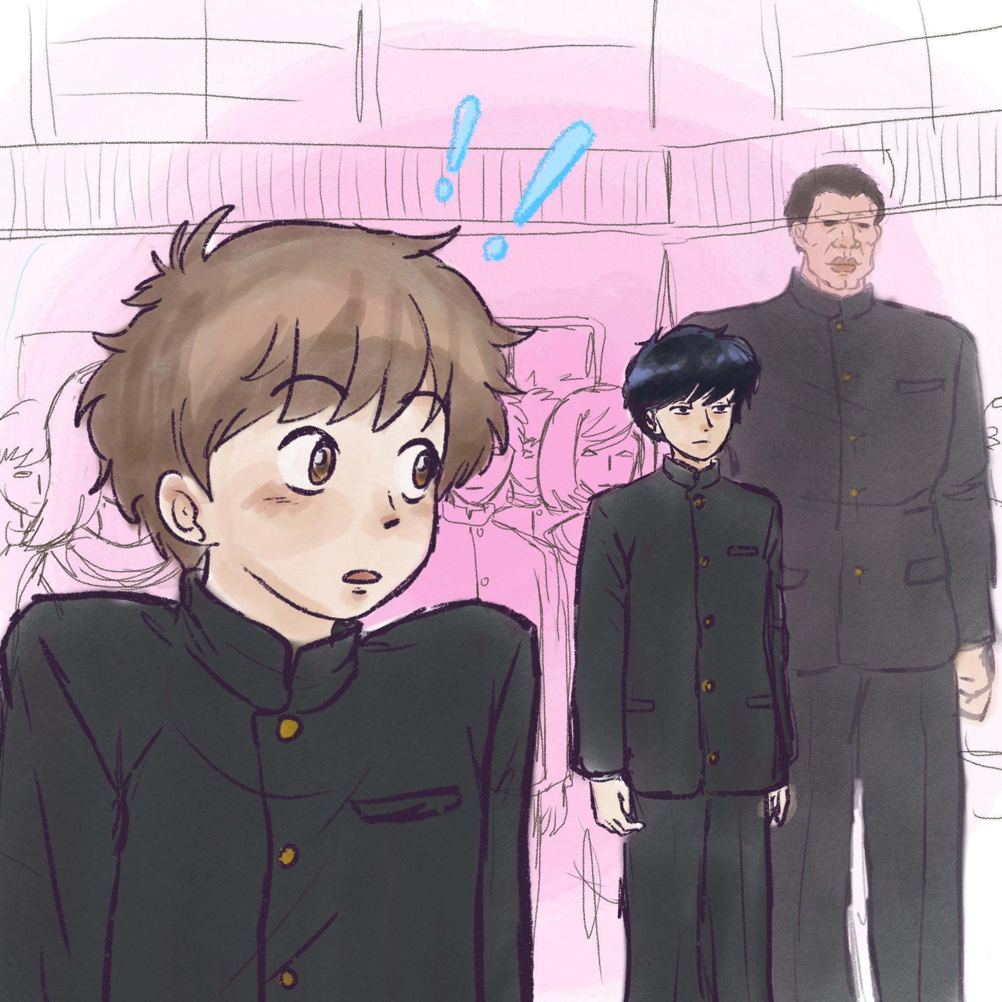 Picture of Hirose looking back with a small gasp at the tall student with dark hair and narrow eyes.