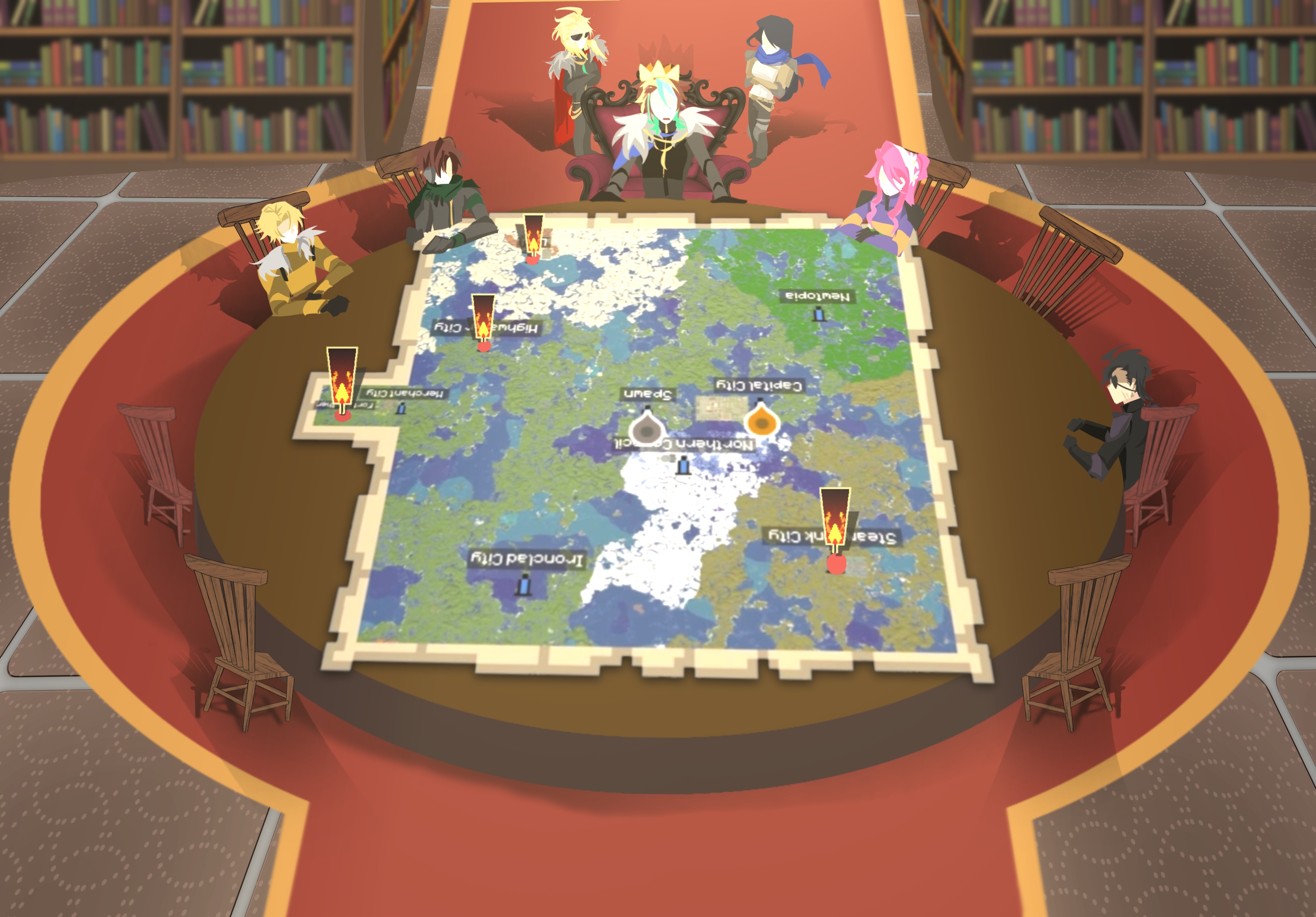 A rountable with 9 chairs, where Parrot sits at the center with Theo and Reina behind him