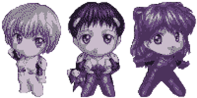 (From left to right) Rei Ayanami, Shinji Ikari, and and Asuka Langley from Evangelion.
