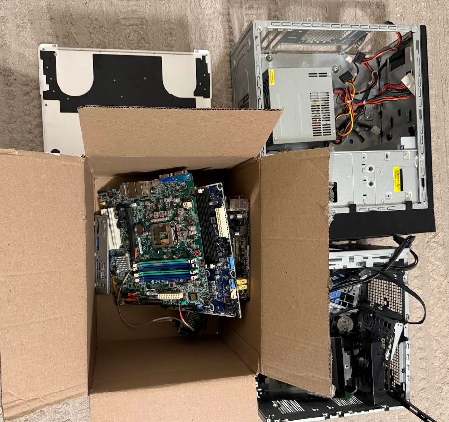 Box of motherboards and electronic components accepted for recycling in Cary and Raleigh area