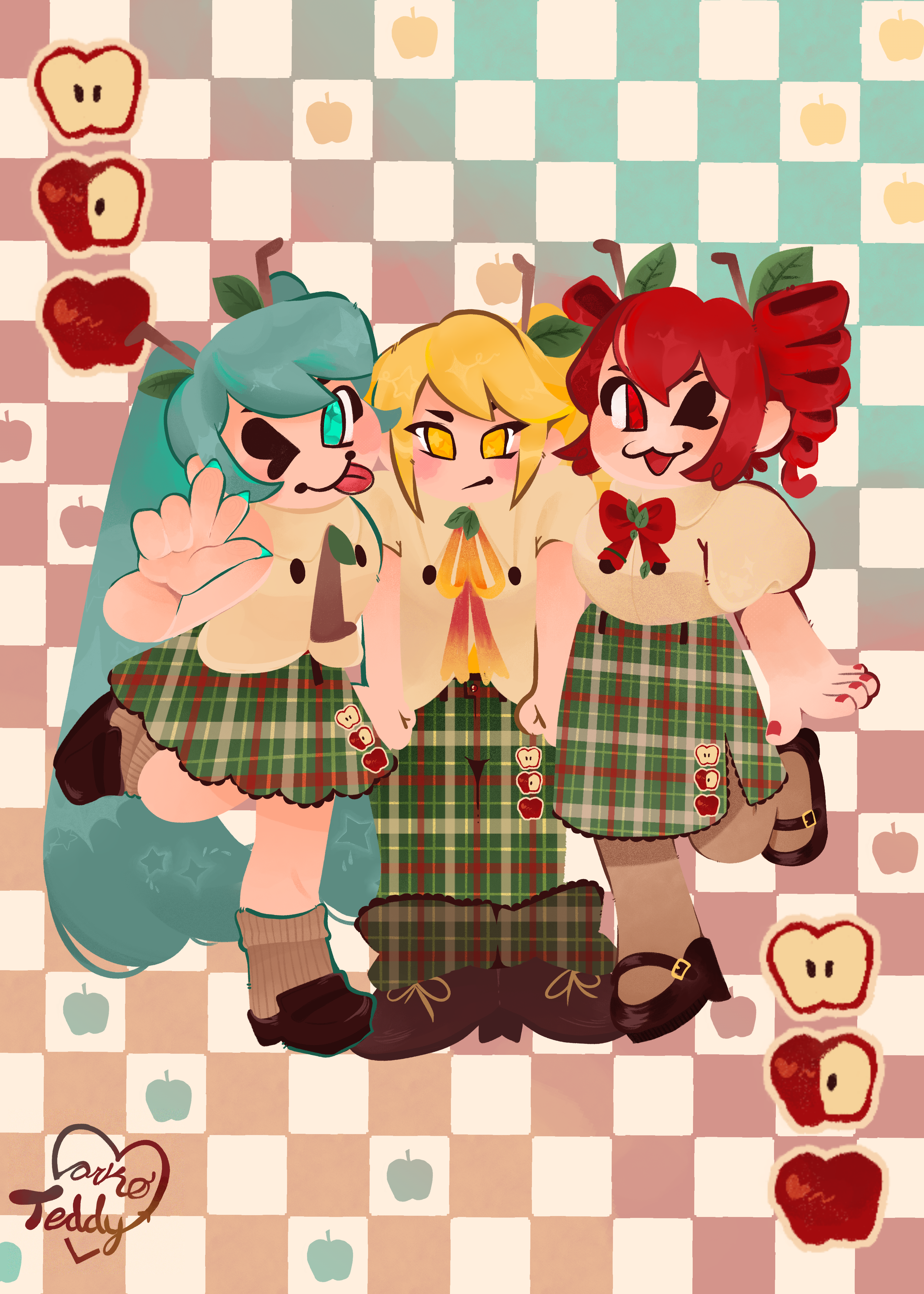 triple baka in apple themed clothes