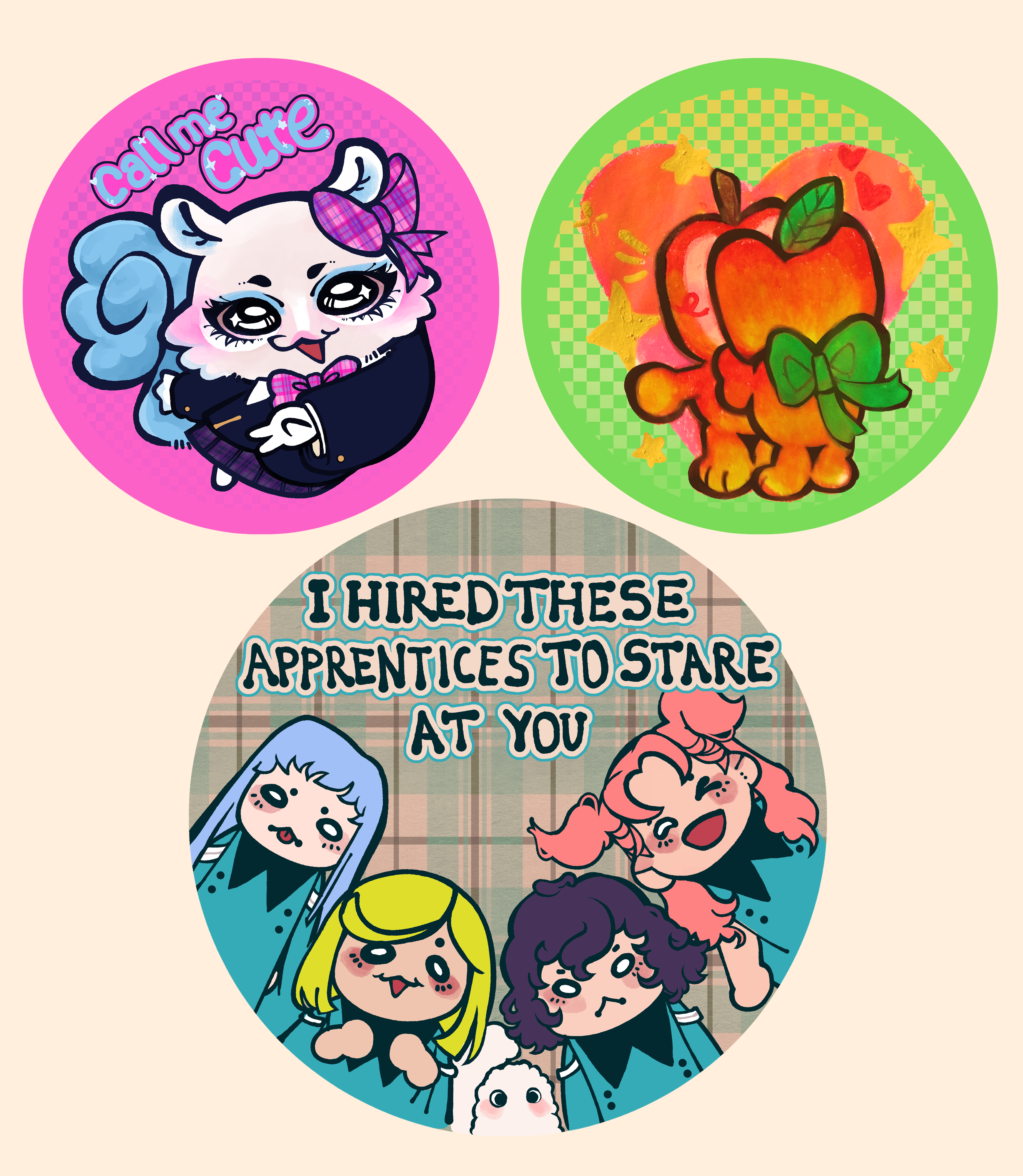 three button designs; momonga, witch hat atelier apprentices, and original characters apple mascots