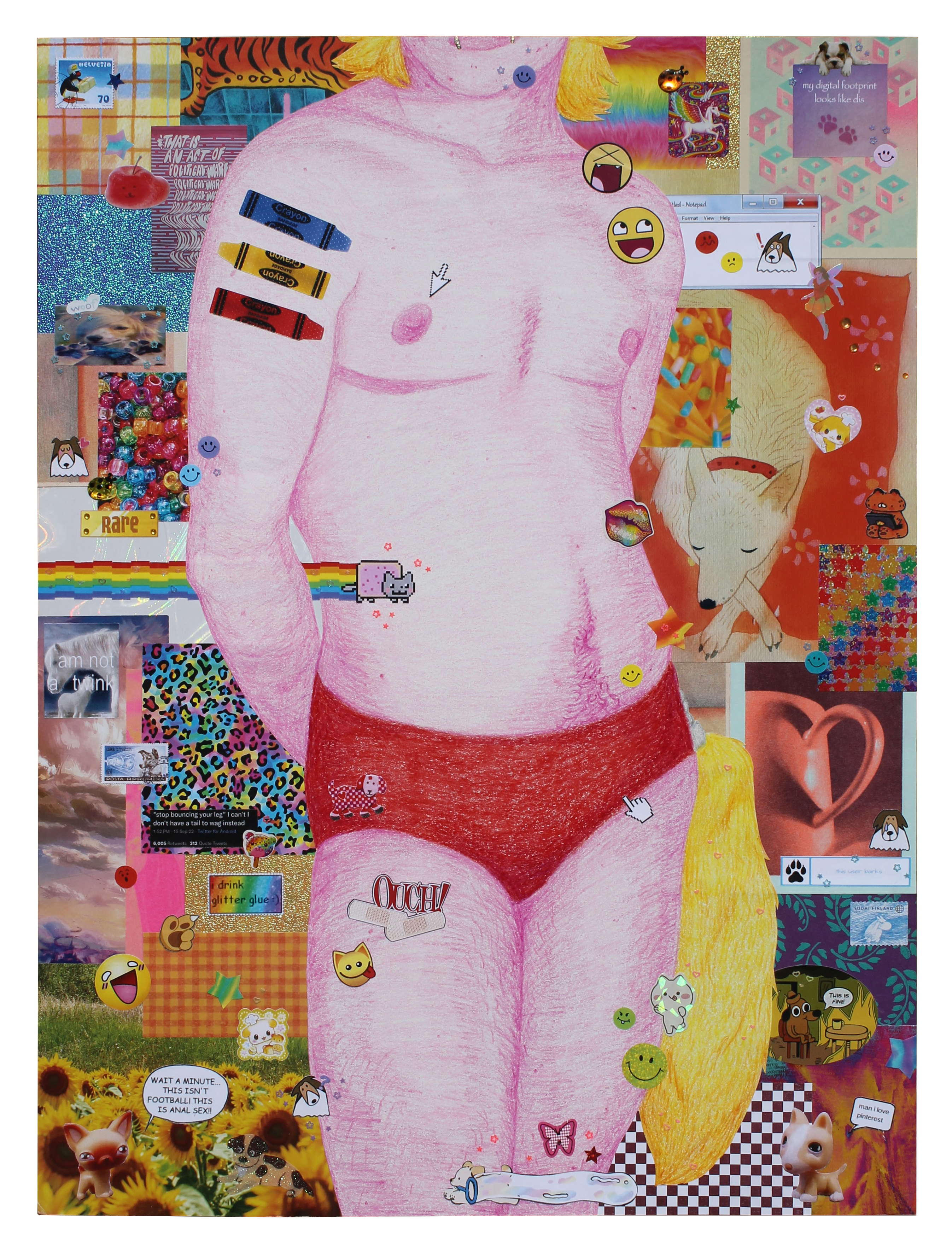 Crayon drawing of transgender male torso, nude but wearing underwear, on a collaged background