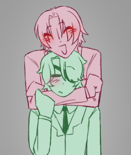 A digital drawing of a smiling Kim Soleum holding a blushing Baek Saheon around the neck