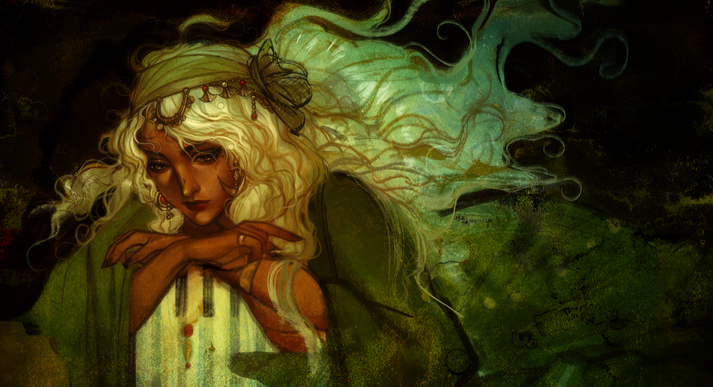 A female figure clad in green resting horizontally.