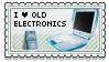 stamp with text 'i *heart* old electronics' with old electronics in bg