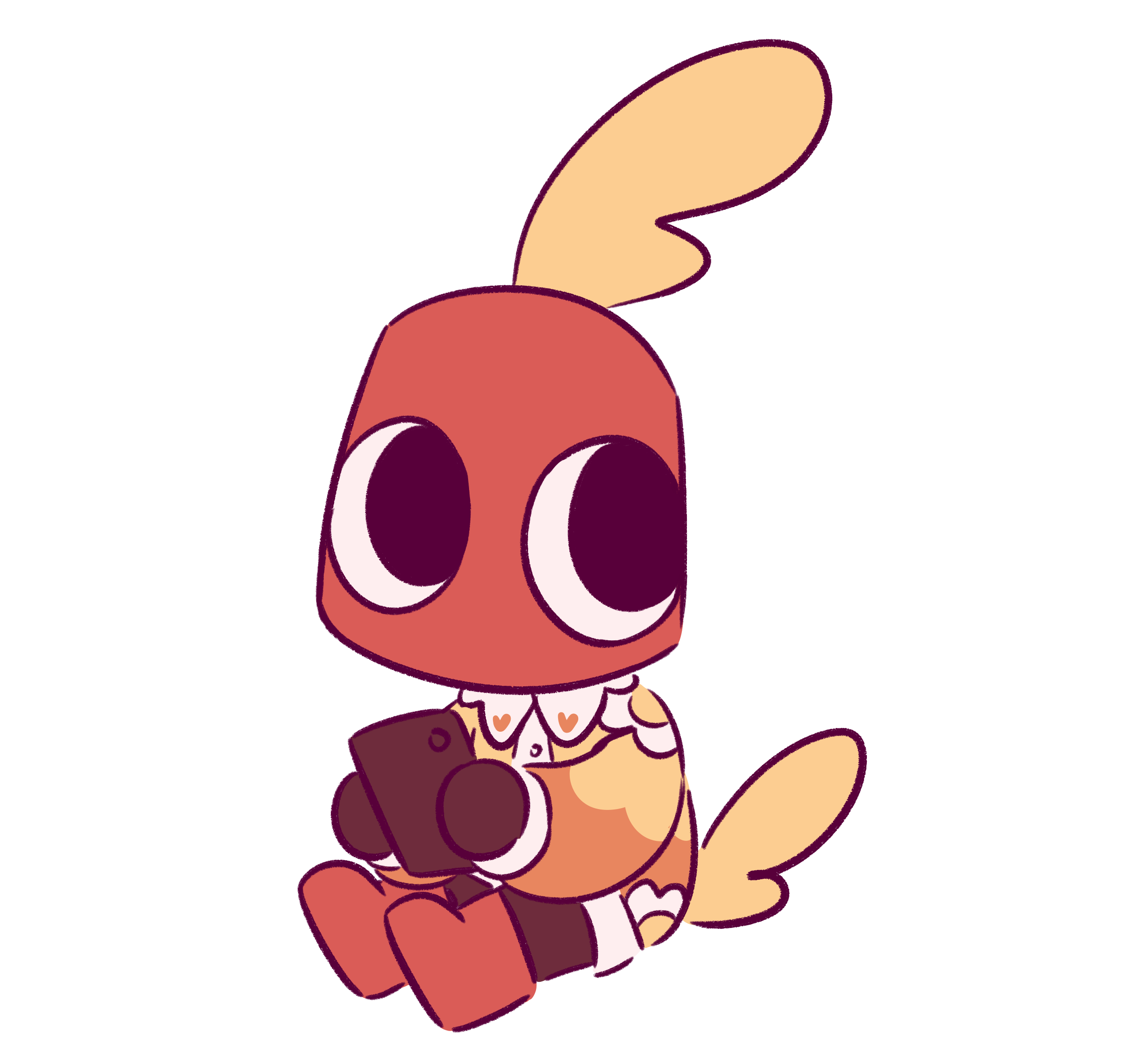 a drawing of my sona sitting while holding a phone and looking to the side