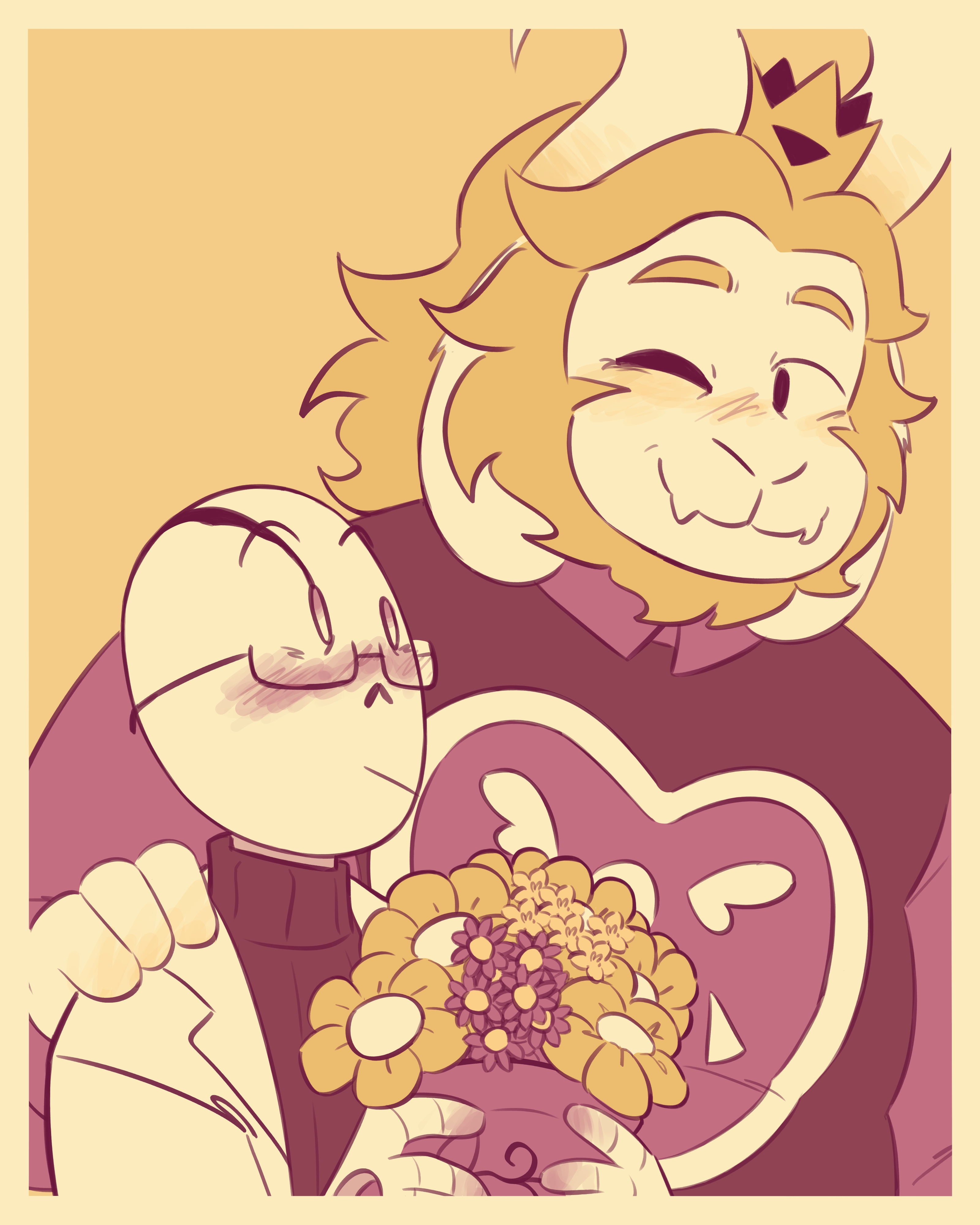 Asgore winks at Gaster with a smile, putting a hand on his shoulder, while Gaster looks up in surprise and blushing, holding a vase with golden flowers, asters and buttercups