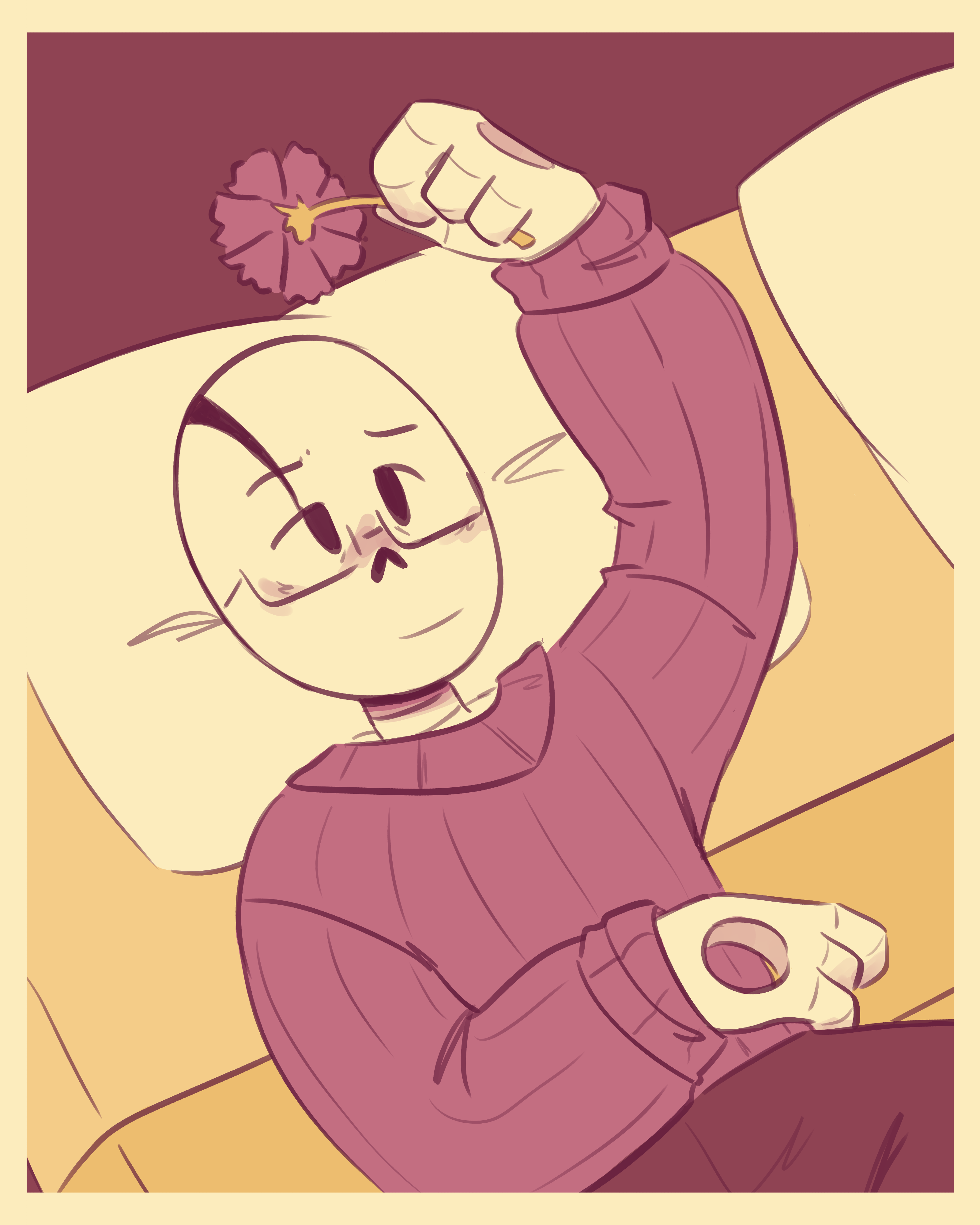 Gaster lies in bed while looking softly at a cornflower he is holding