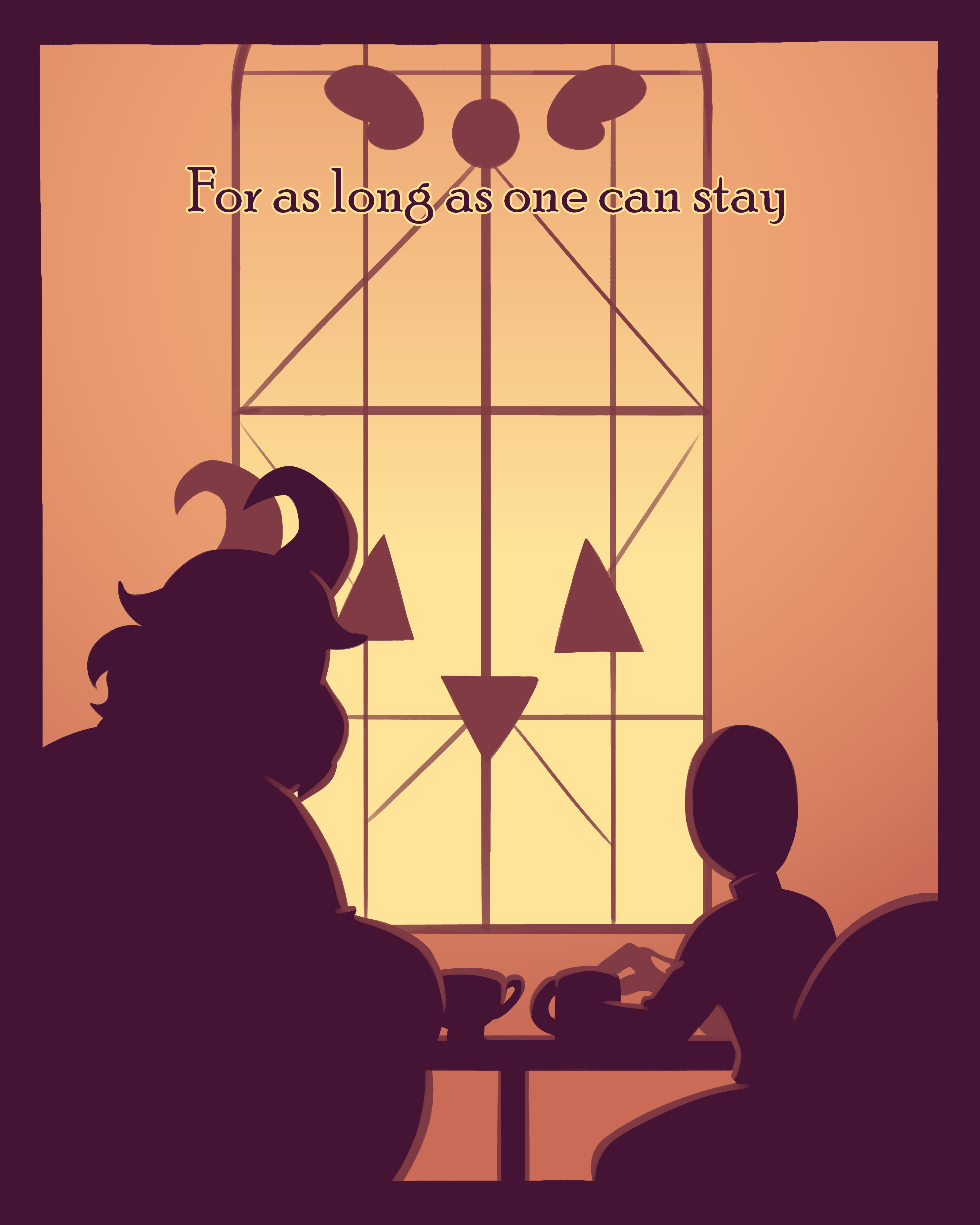 Asgore and Gaster drinking tea at a table while silhouetted by the bright light coming from the window in the background.