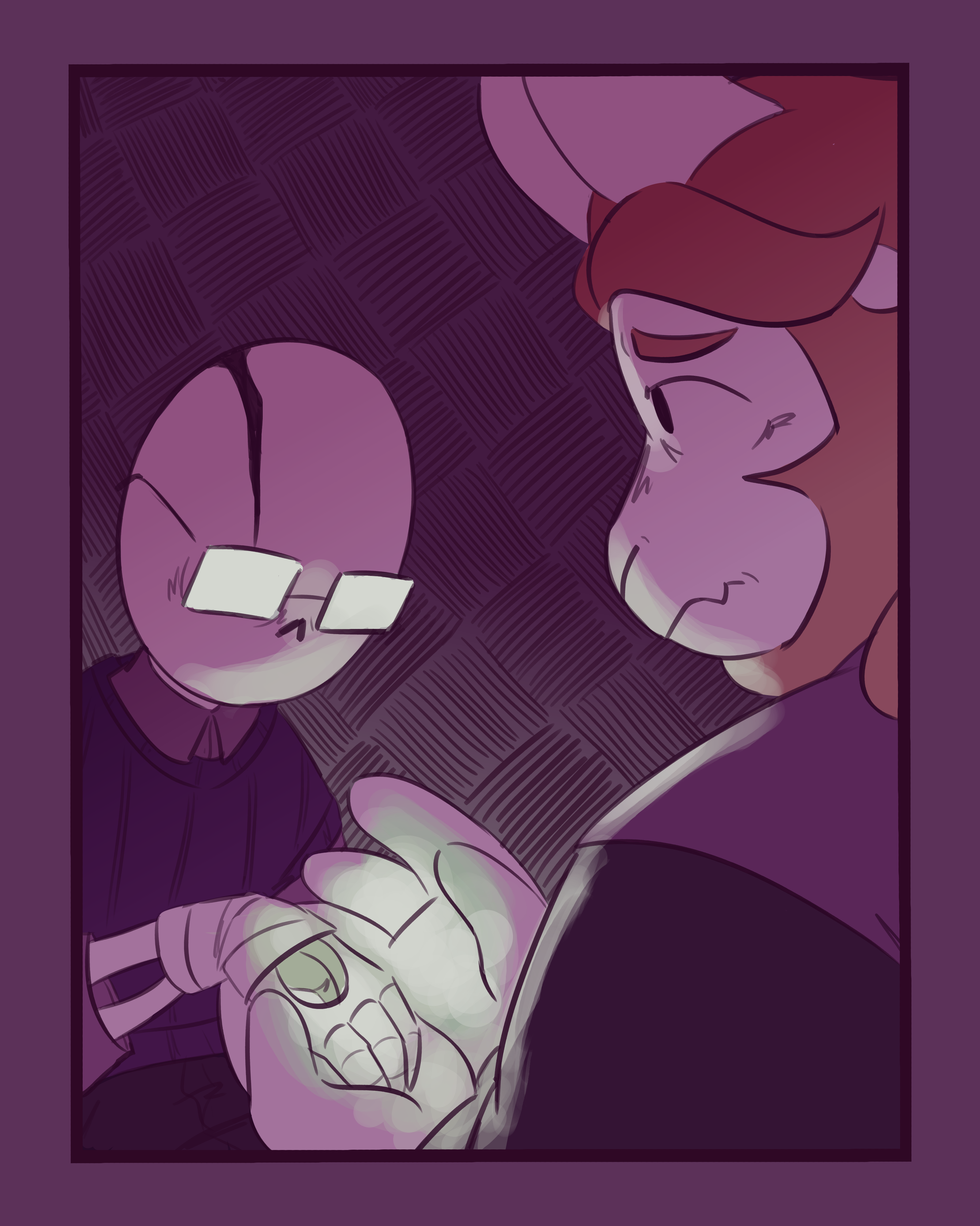 Asgore holding Gaster's hand while healing it with magic. He looks worried while Gaster's expression is hard to decipher