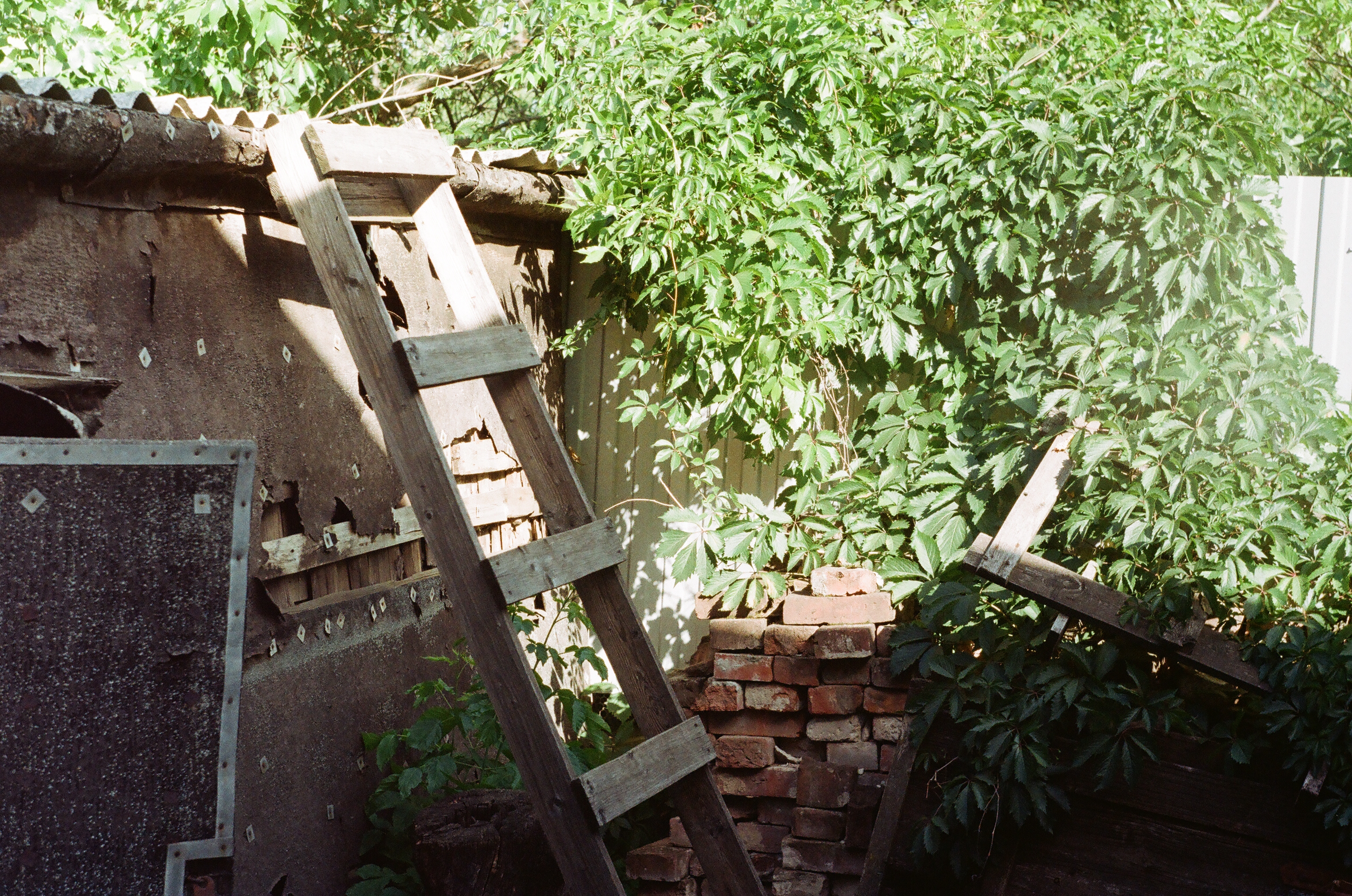 Shed, ladder and a pile of bricks