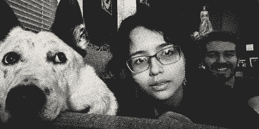 Dog called Clovis, myself, and my husband