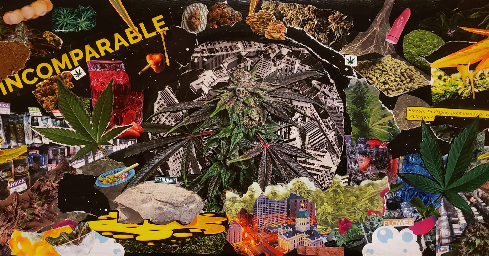 full version of header image. A photograph of a horizontally rectangle collaged canvas centred on a moon and cannabis plant