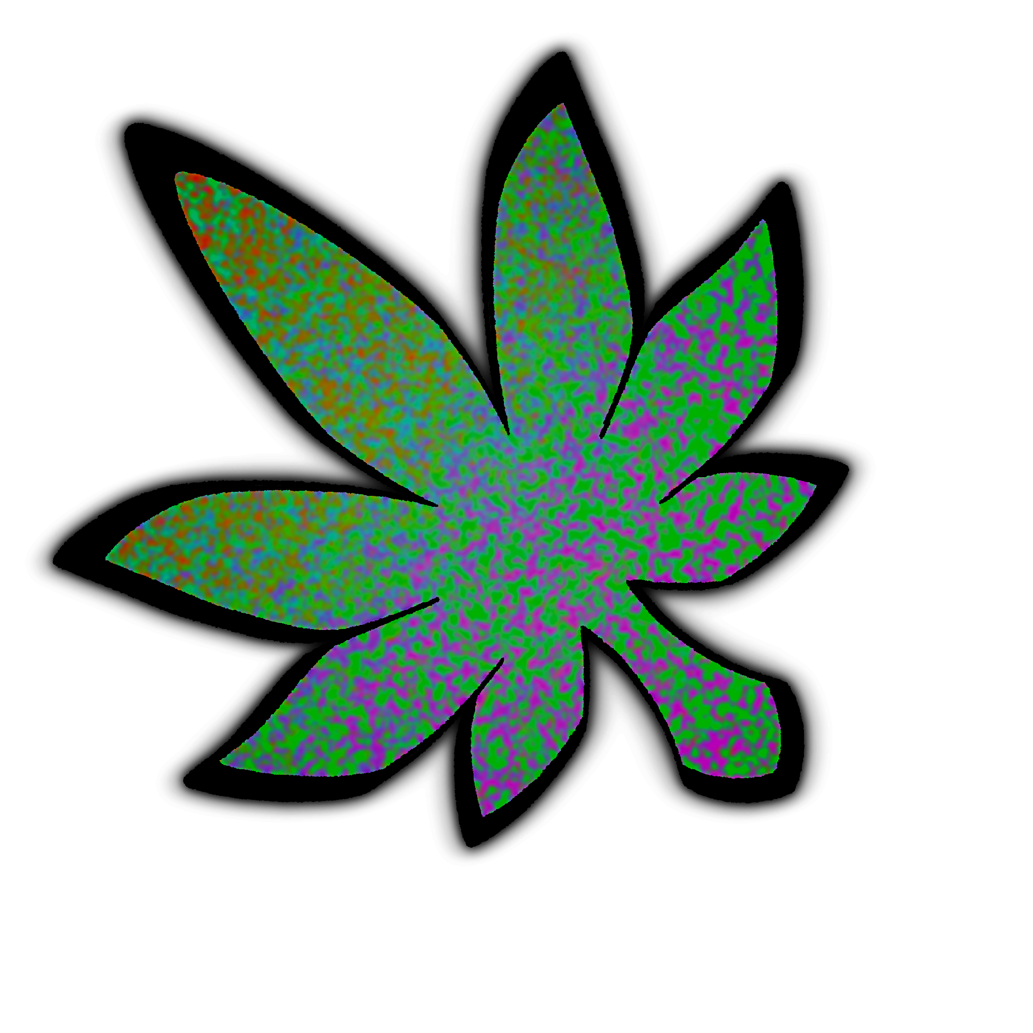 Cannabis leaf shaped curser art, green with purple and pink flecks