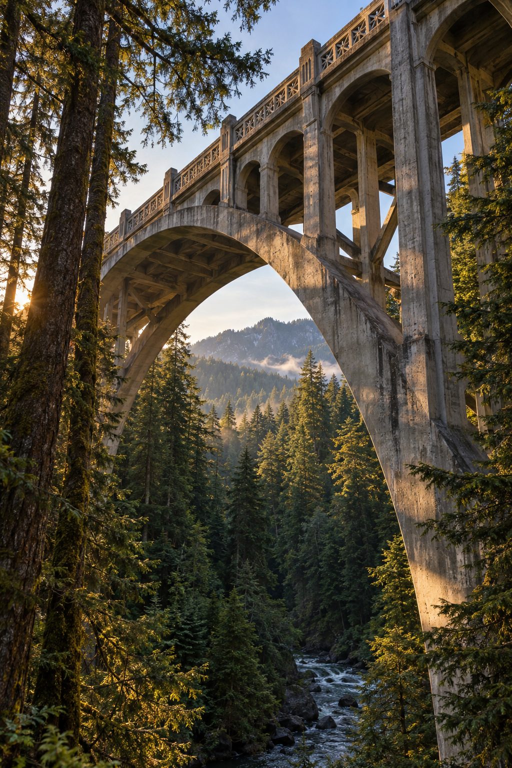 Golden Hour Arch Bridge Over Forest Stream