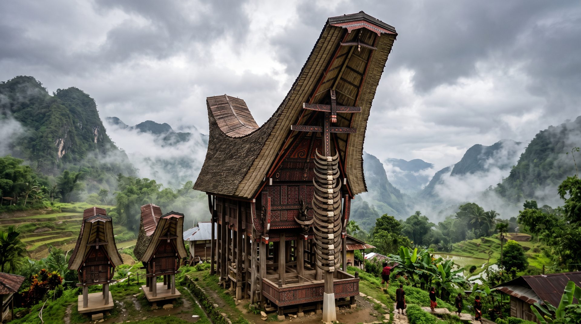 Traditional Torajan Village in Mist