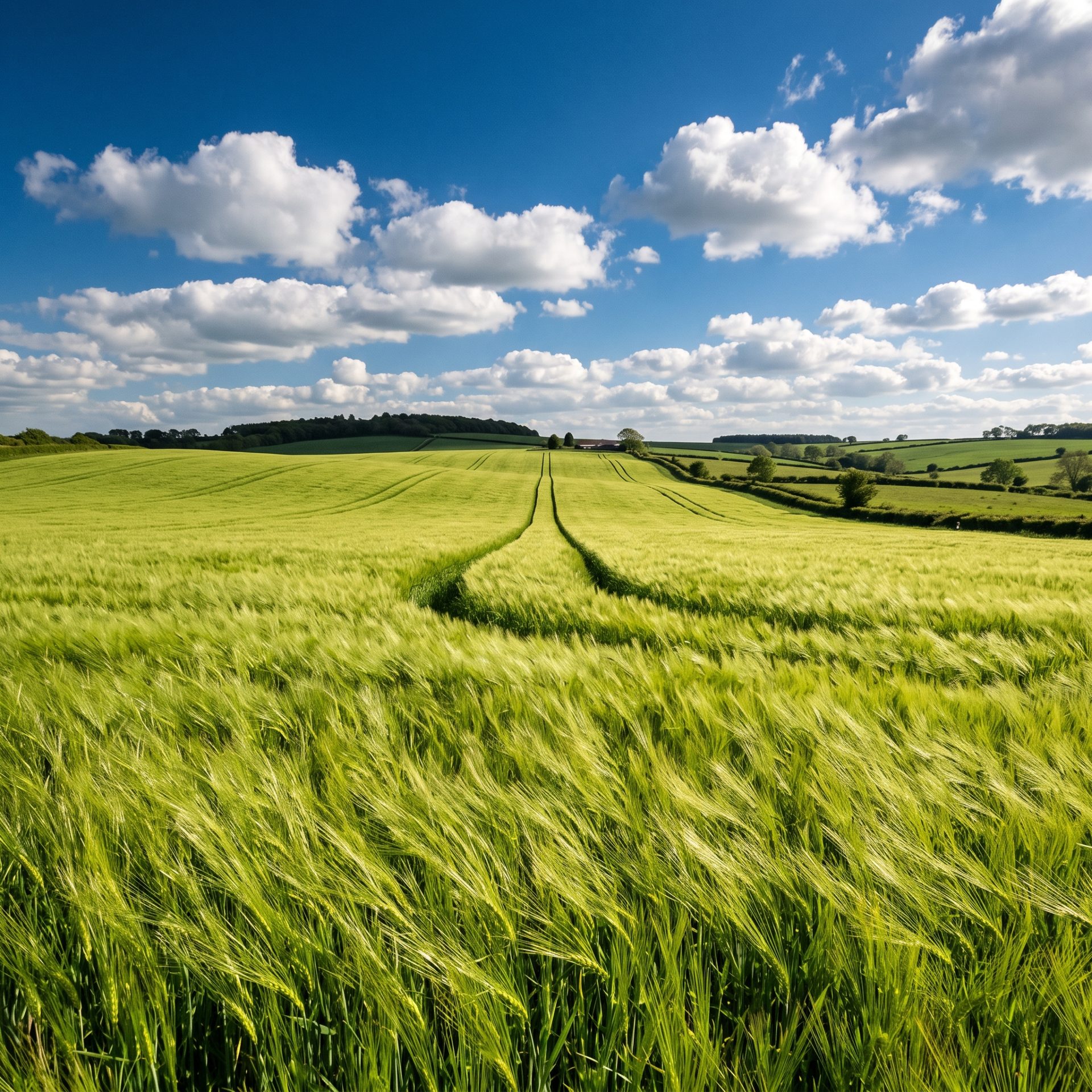 Rolling Green Fields Under Blue Skies