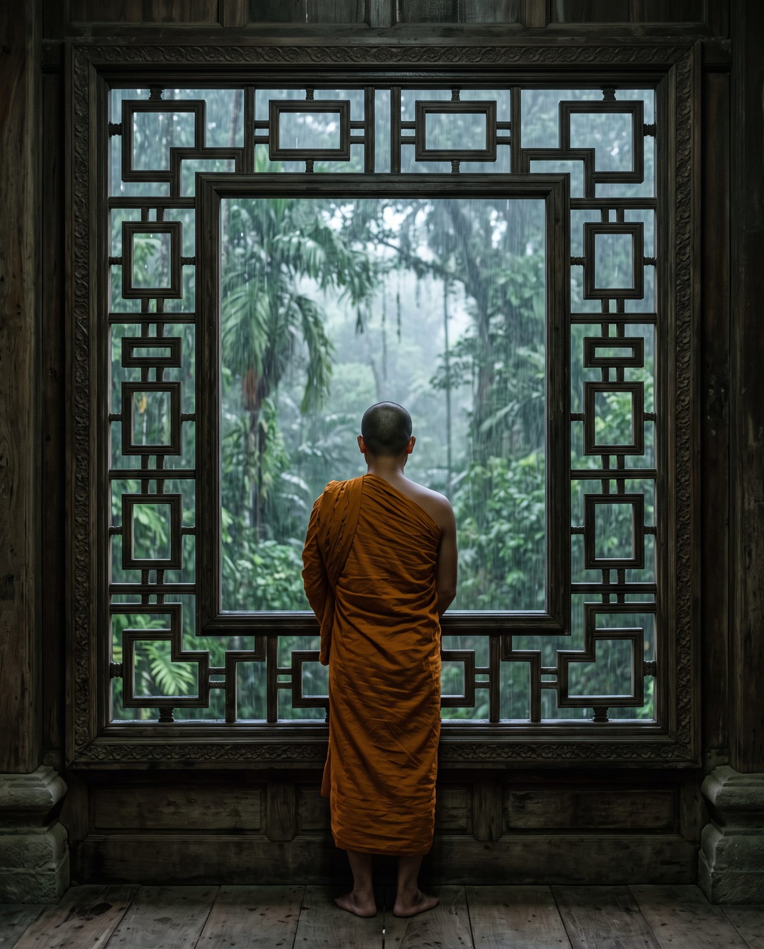 Monk Gazing Through Temple Window