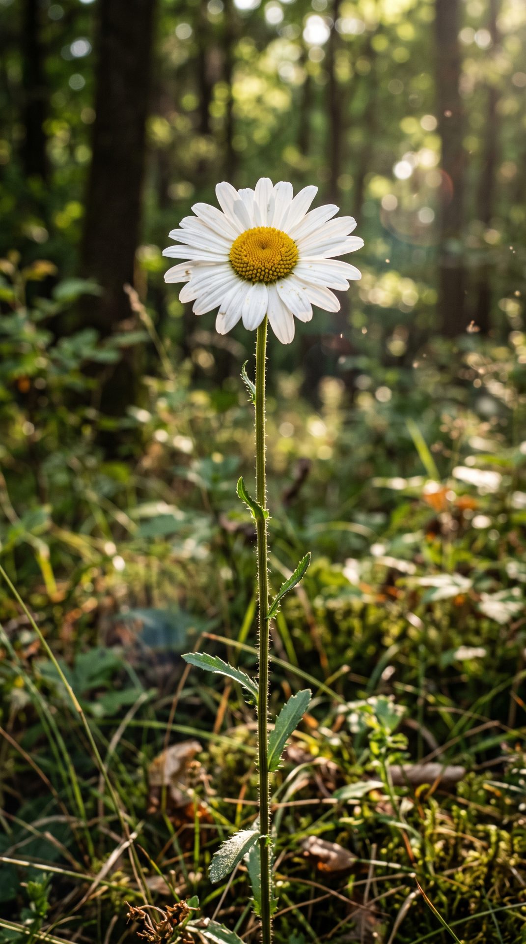 Solitary Daisy in Sunlit Forest