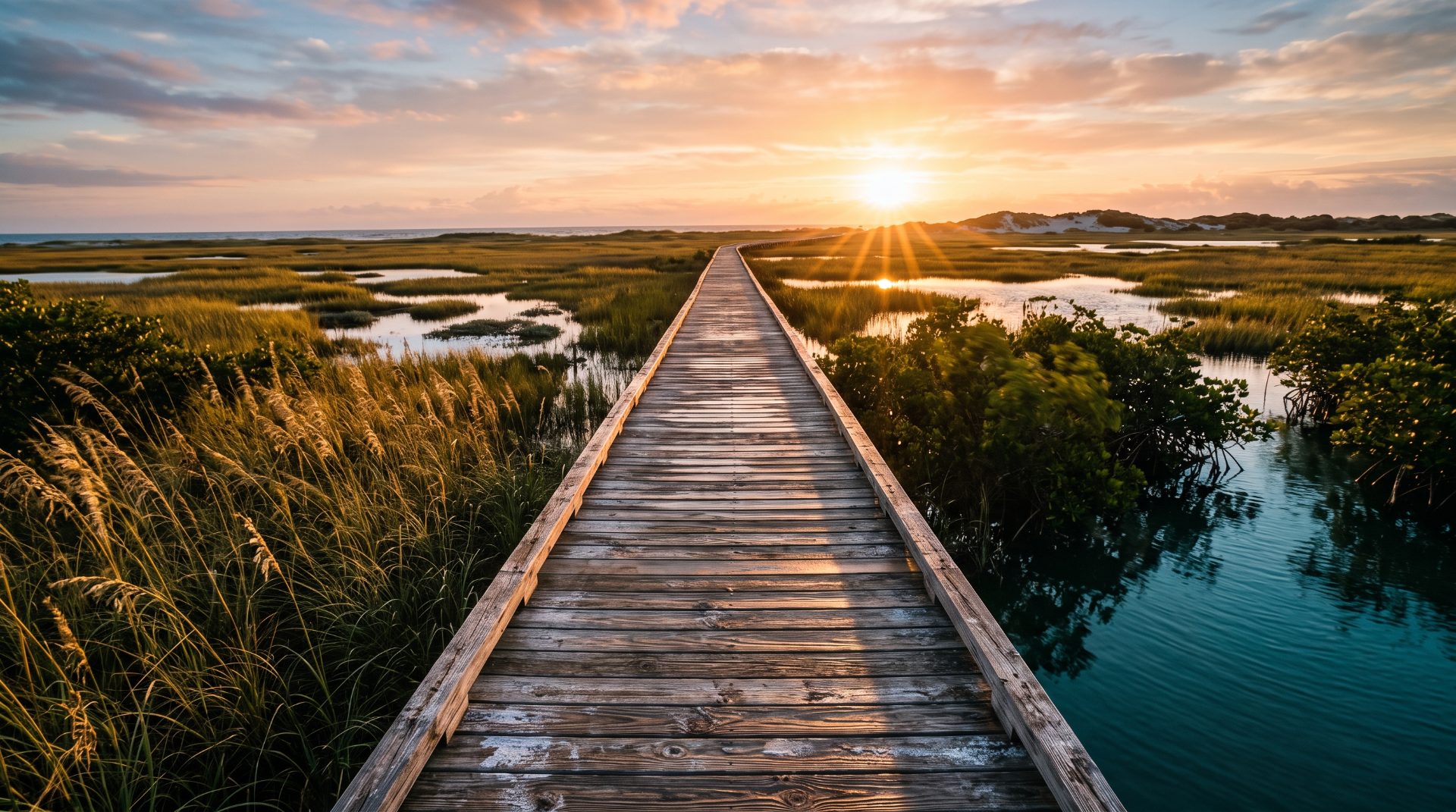 Serene Wetland Boardwalk at Sunset