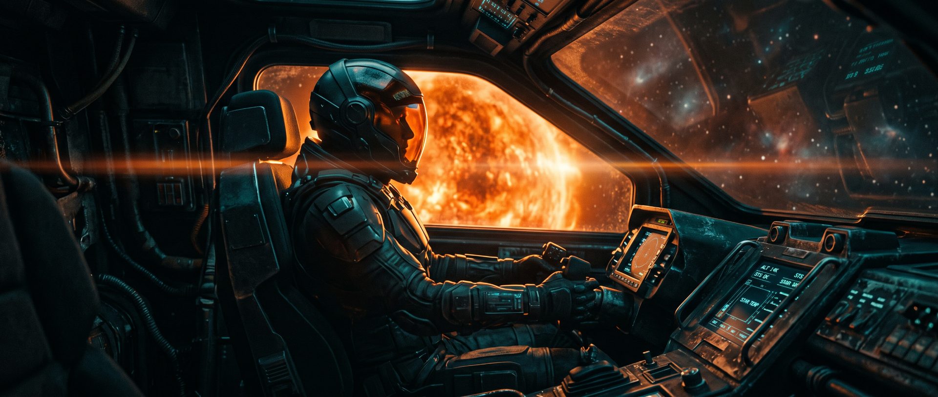 Astronaut Piloting Spaceship Near Star