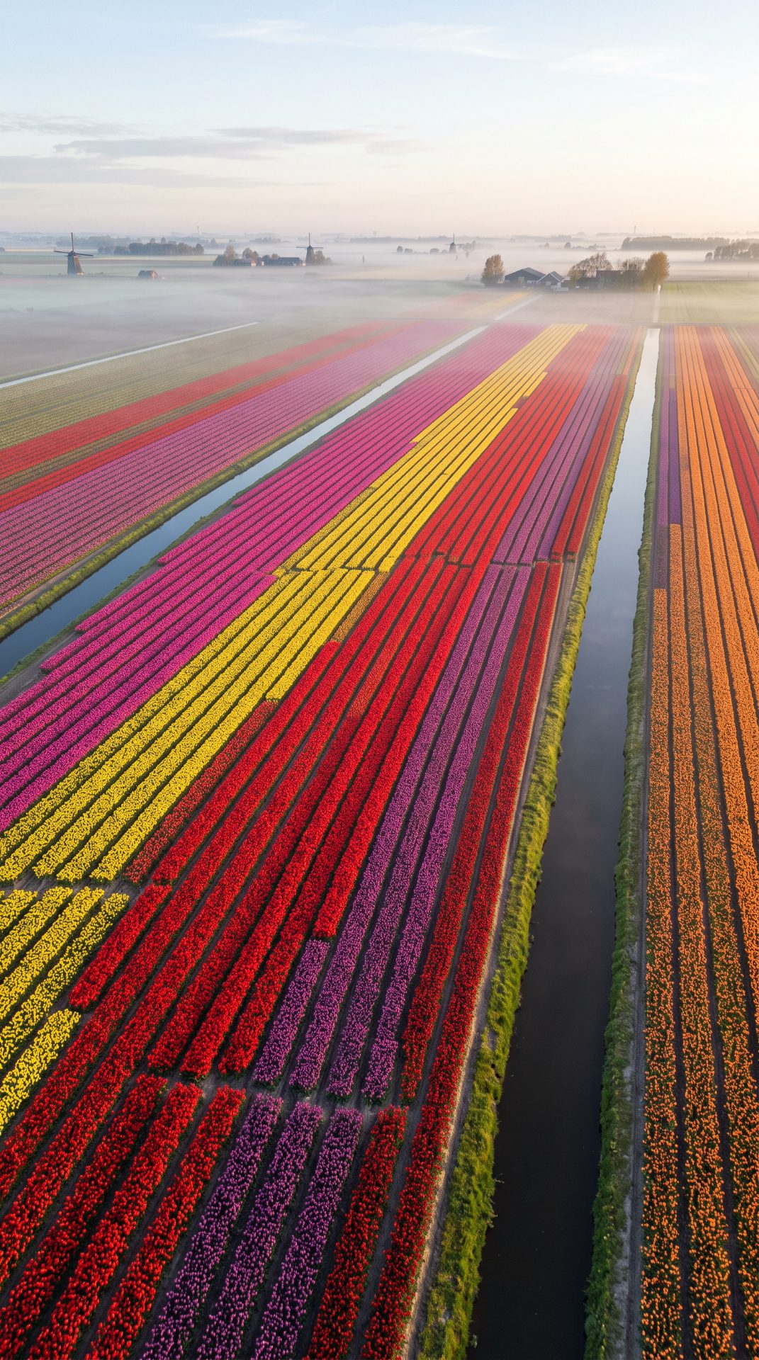 Vibrant Dutch Tulip Fields Aerial View