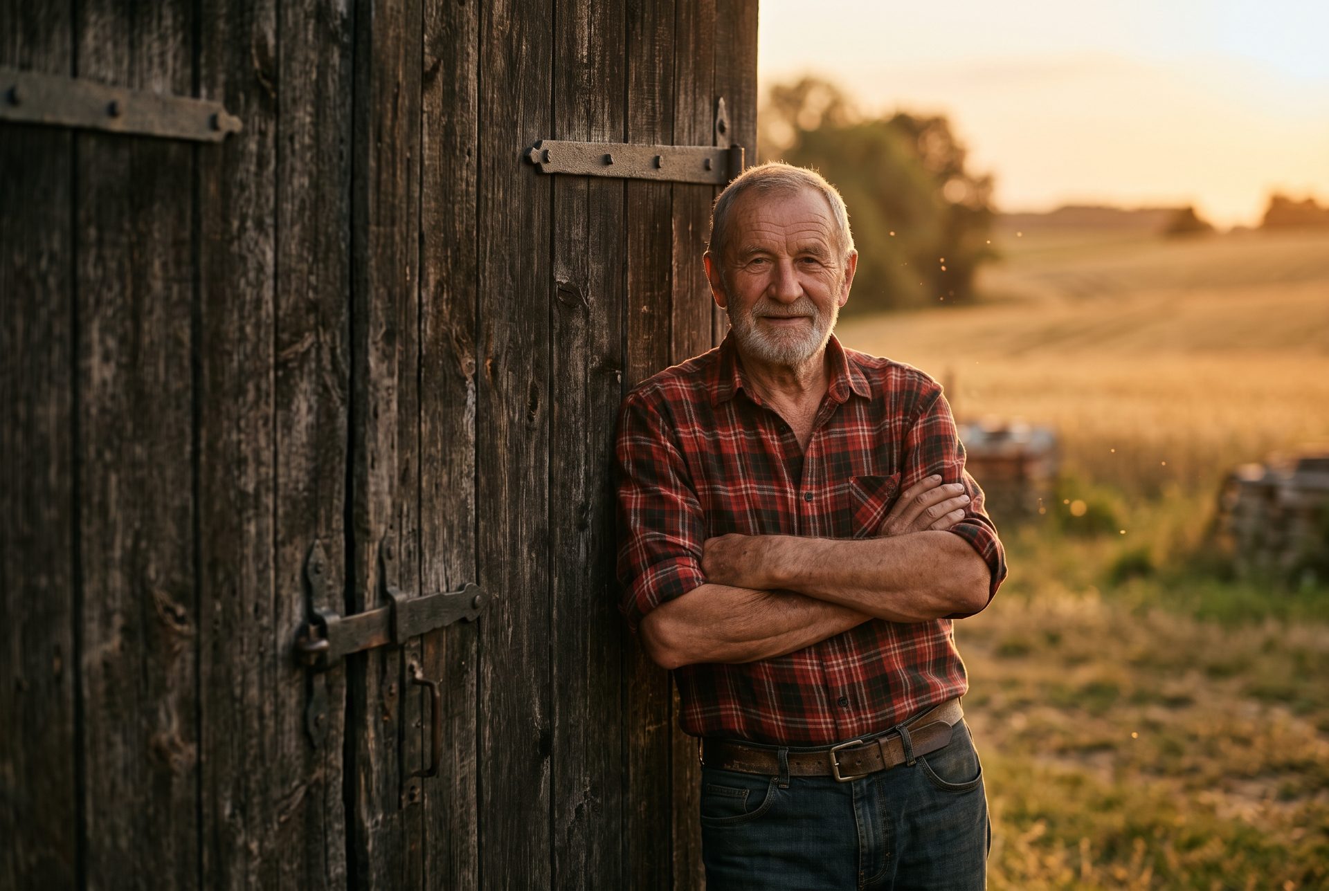 Elderly Farmer Standing By Barn