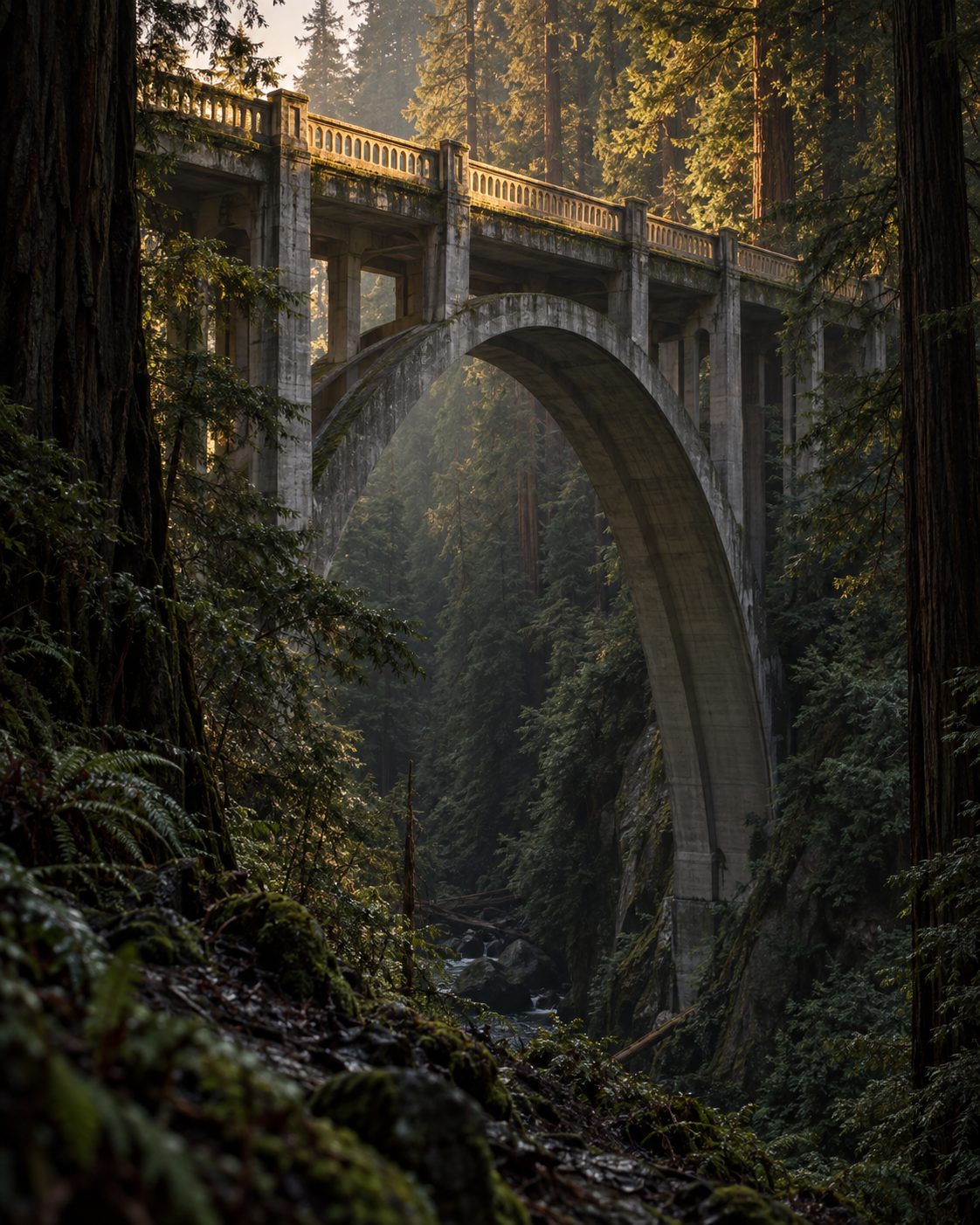 Misty Arch Bridge in Forest Twilight